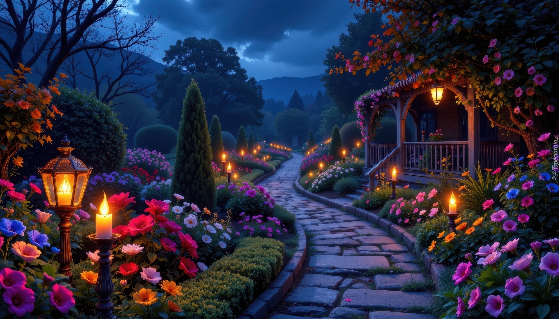 Ogród, Kwiaty, Drzewa, Świece, Ścieżka