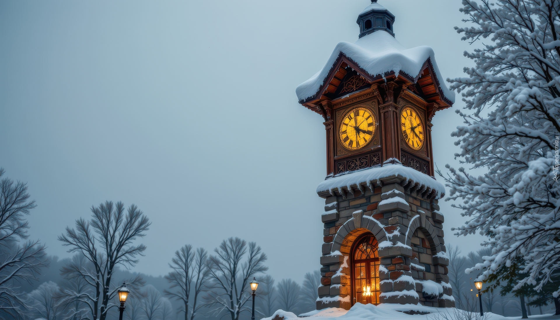 Zima, Wieża, Zegar, Drzewa, Latarnie Budowla