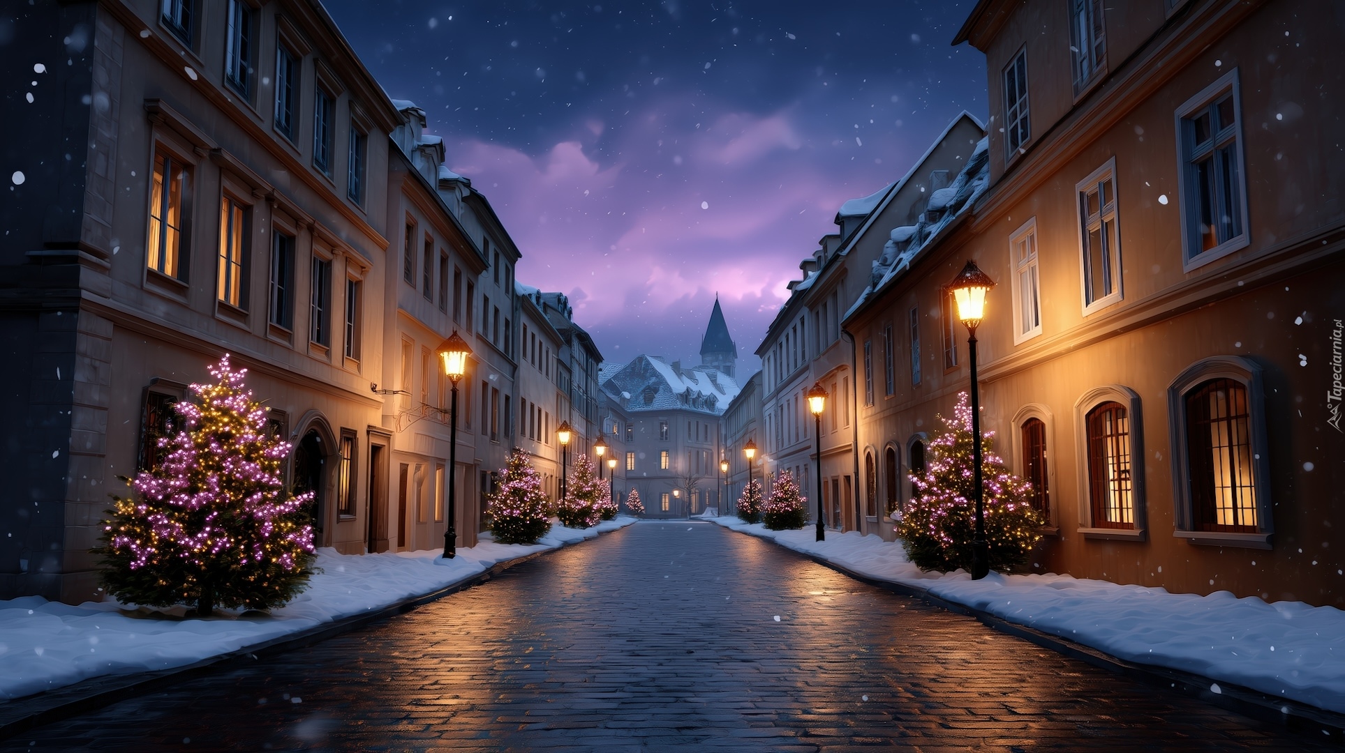 Boże Narodzenie, Domy, Ulica, Choinki, Oświetlone, Latarnie, ZIma