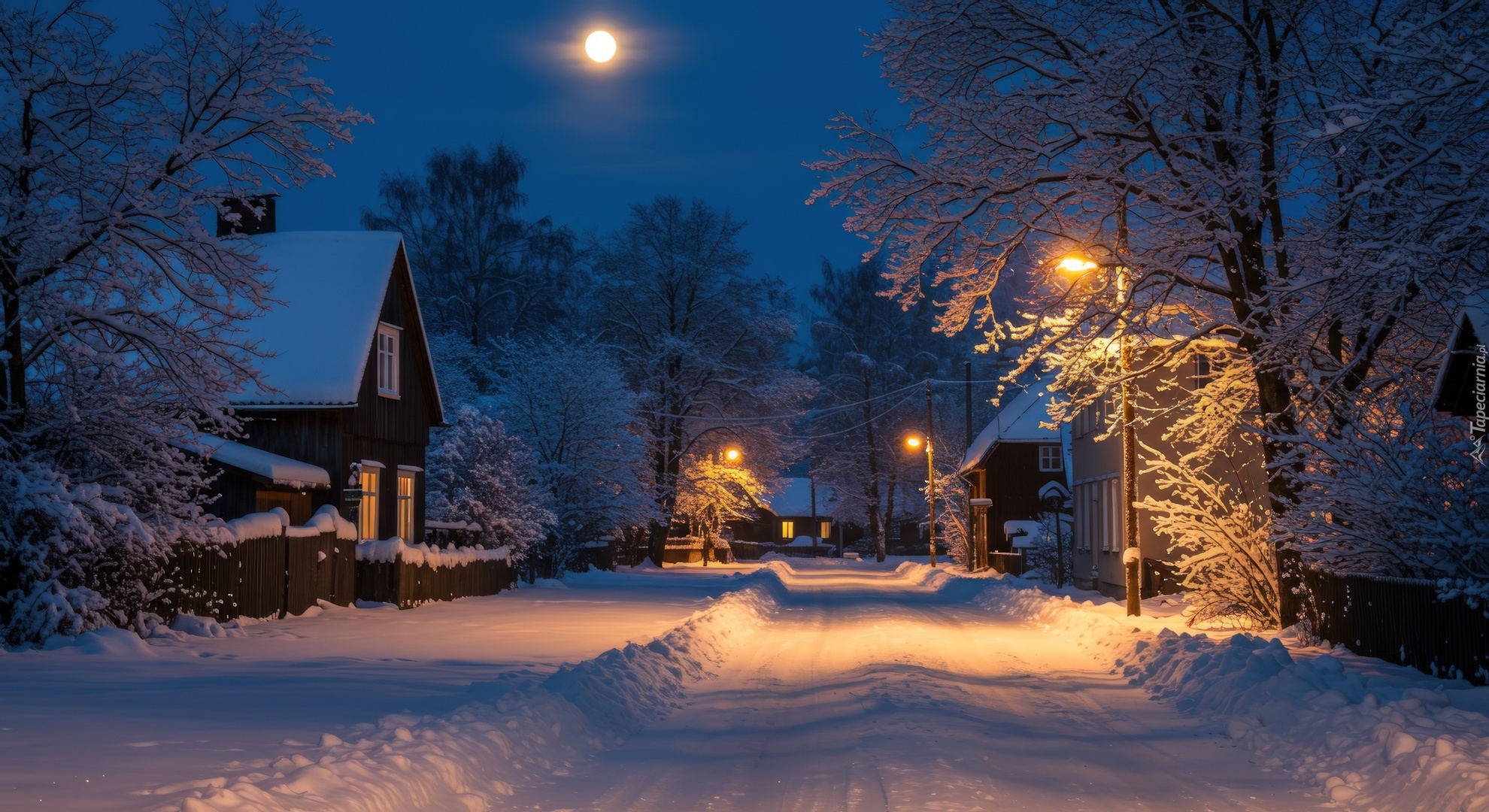 Zima, Droga, Drzewa, Światła, Domy, Księżyc, Grafika AI