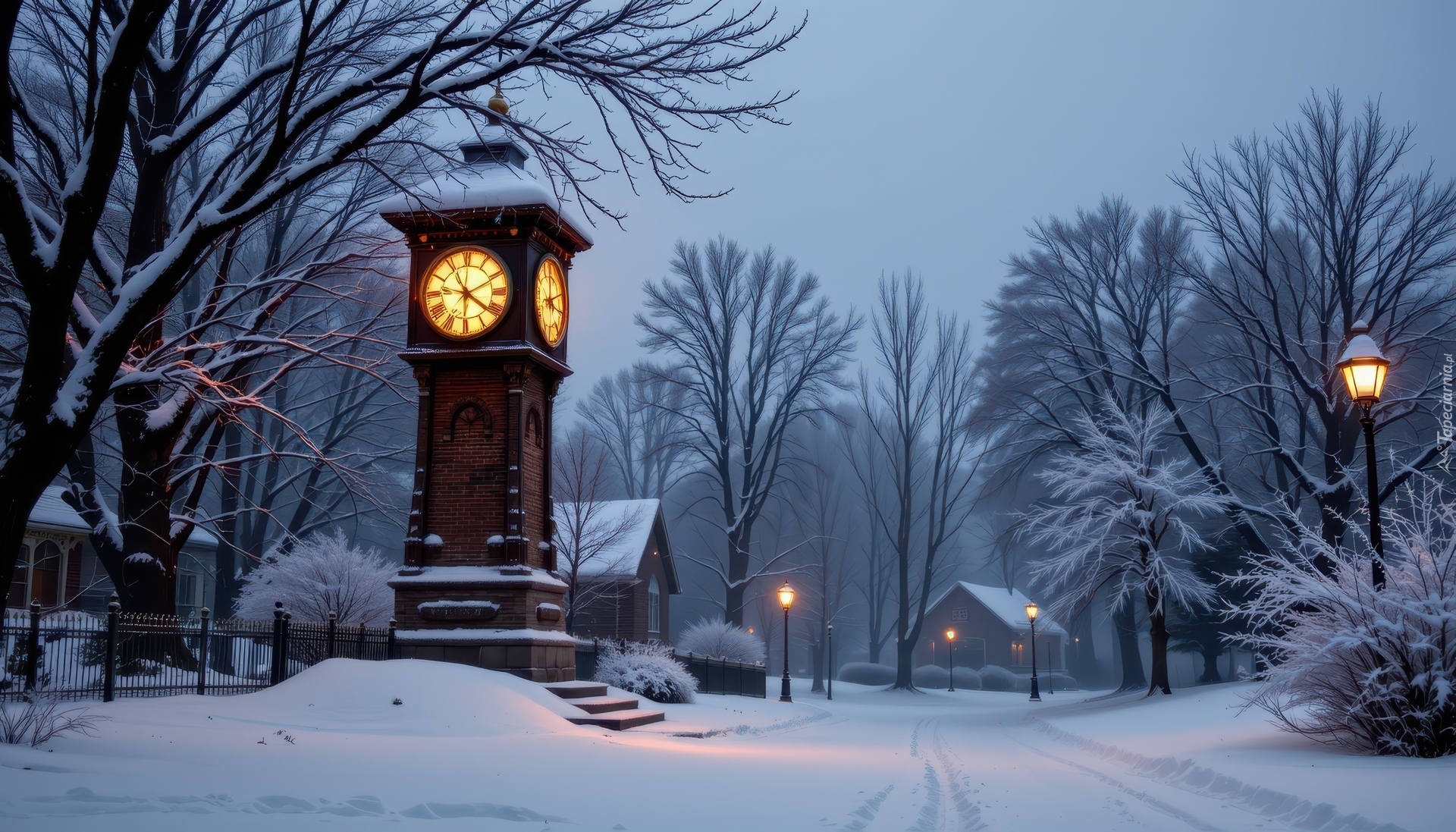 Zima, Park, Latarnie, Wieża, Drzewa, Zegar