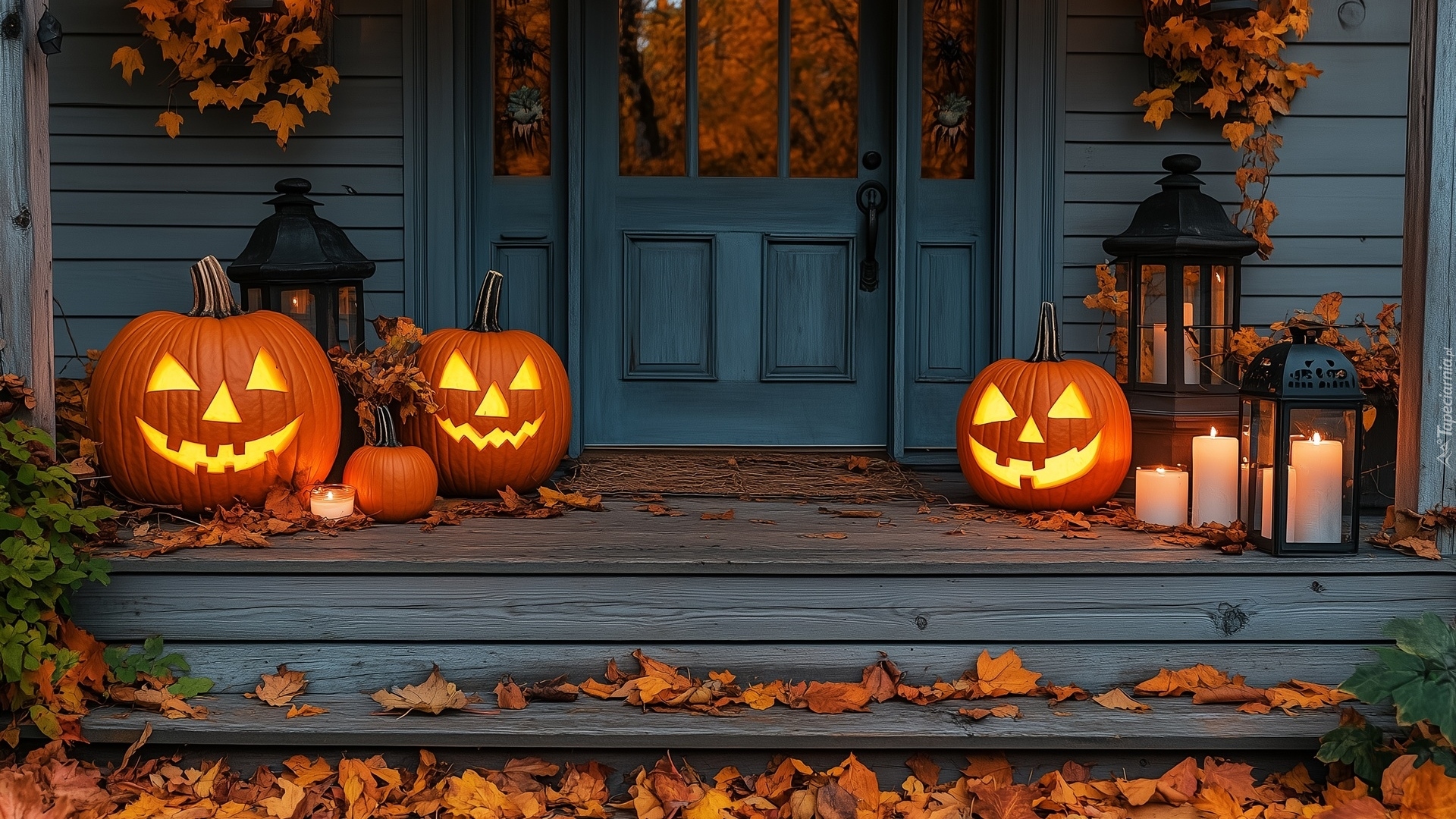 Dom, Drzwi, Dynie, Świece, Liście, Jesień, Halloween