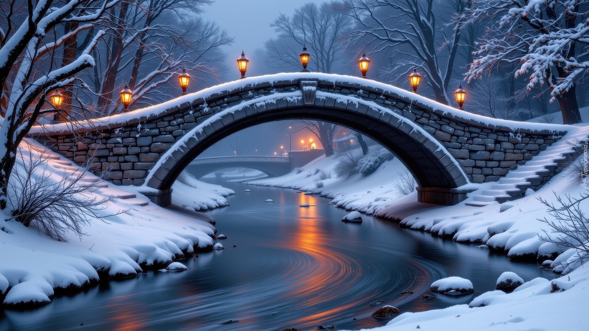 Zima, Noc, Rzeka, Dwa, Mosty, Latarnie, Drzewa, Śnieg, AI