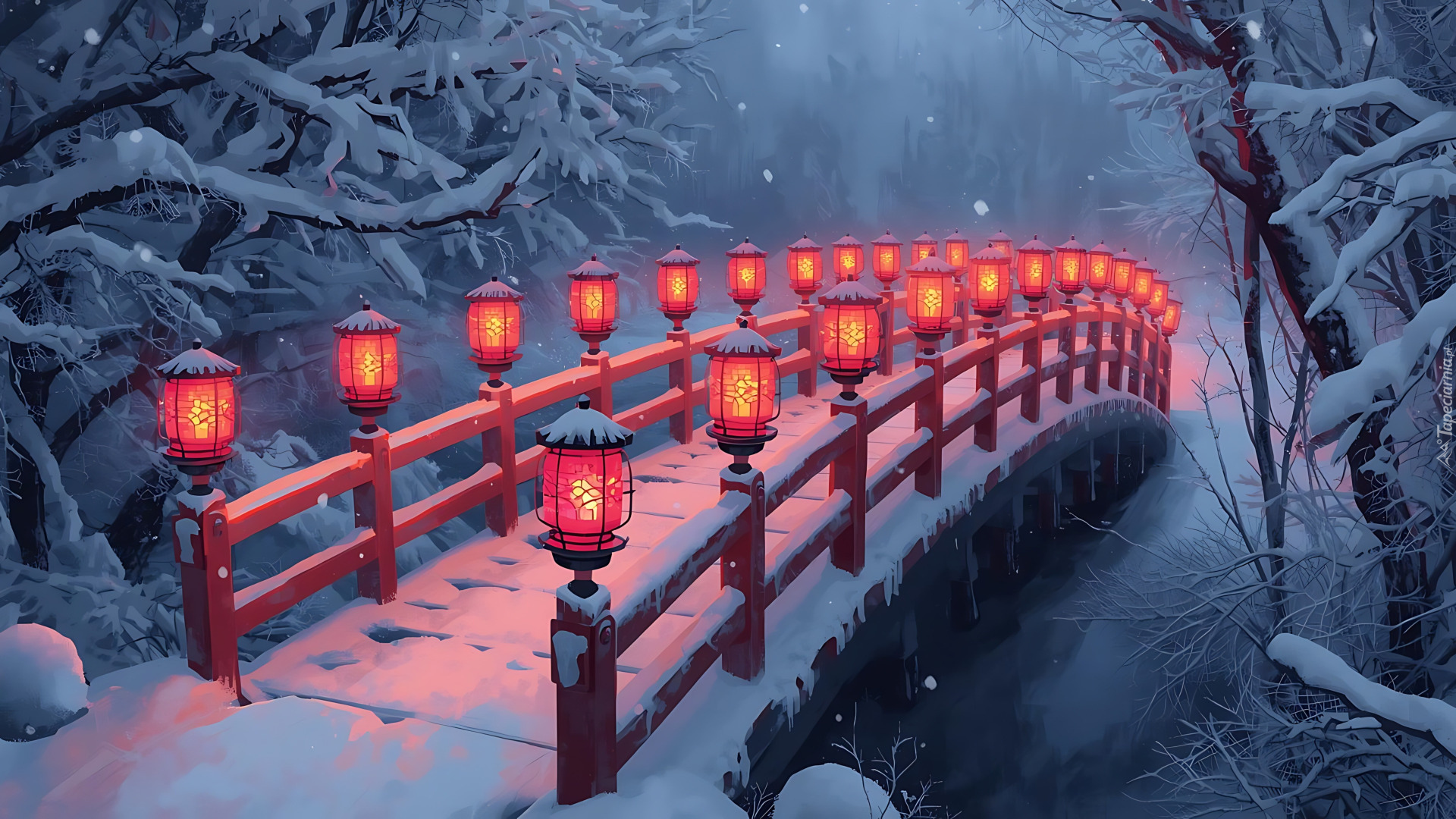 Zima, Śnieg, Most, Latarnie, Rzeka, Ośnieżone, Drzewa, Mgła