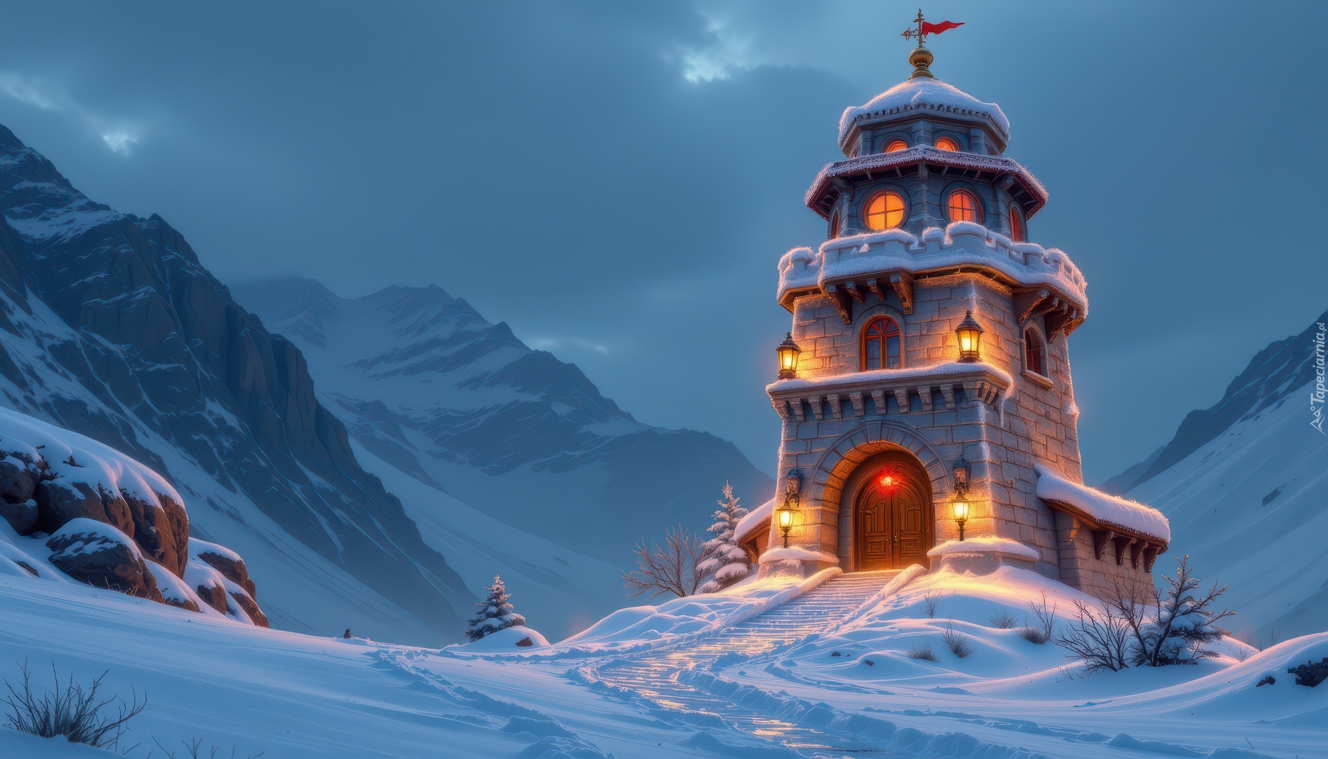 Zima, Wieża, Latarnie, Góry, Chmury