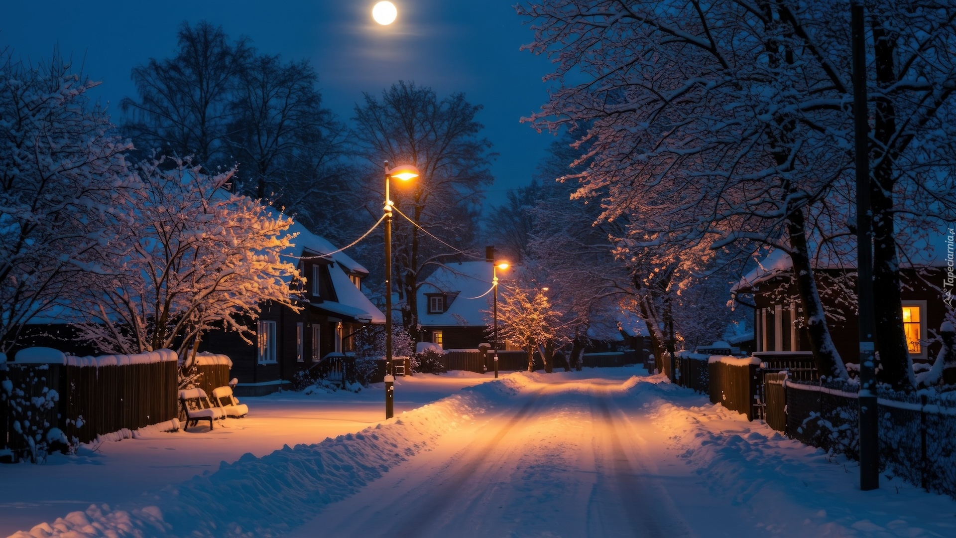 Zima, Ośnieżone, Drzewa, Latarnie, Droga, Domy, Księżyc