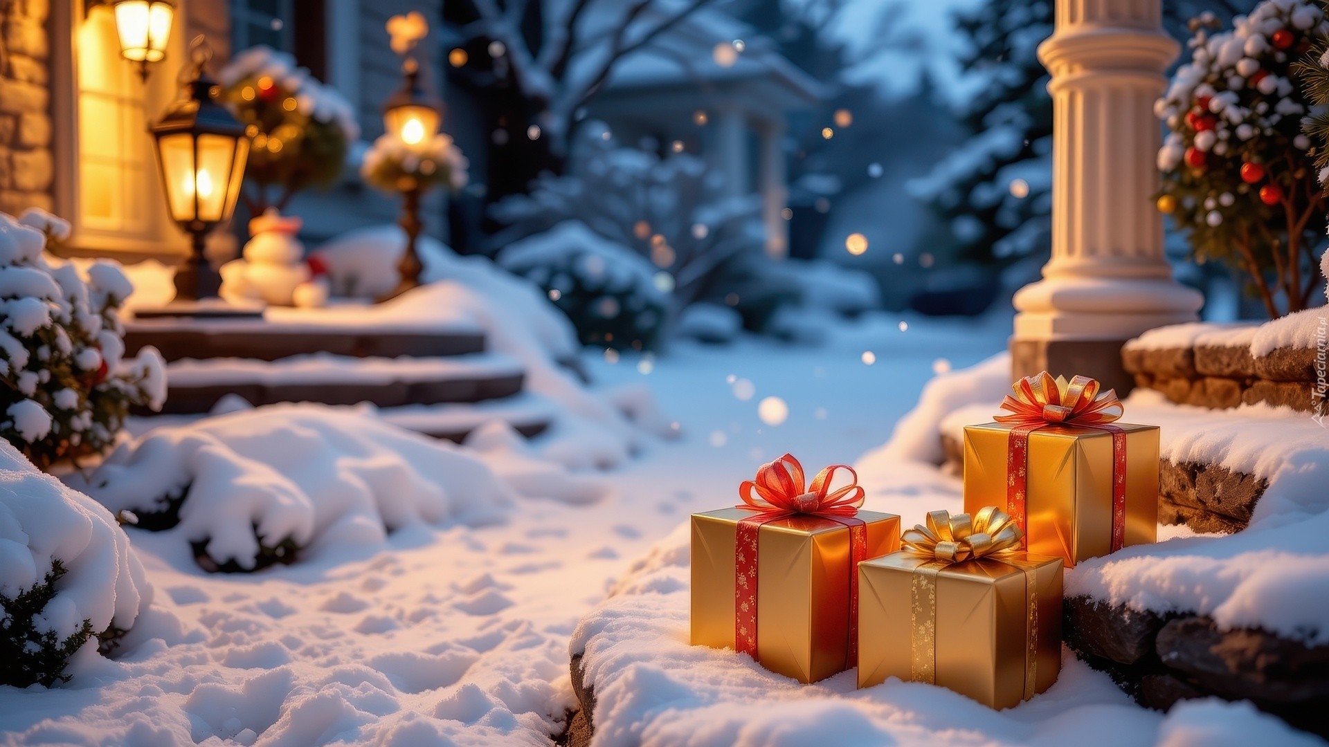 Zima, Ośnieżone, Schody, Prezenty, Krzewy, Bombki