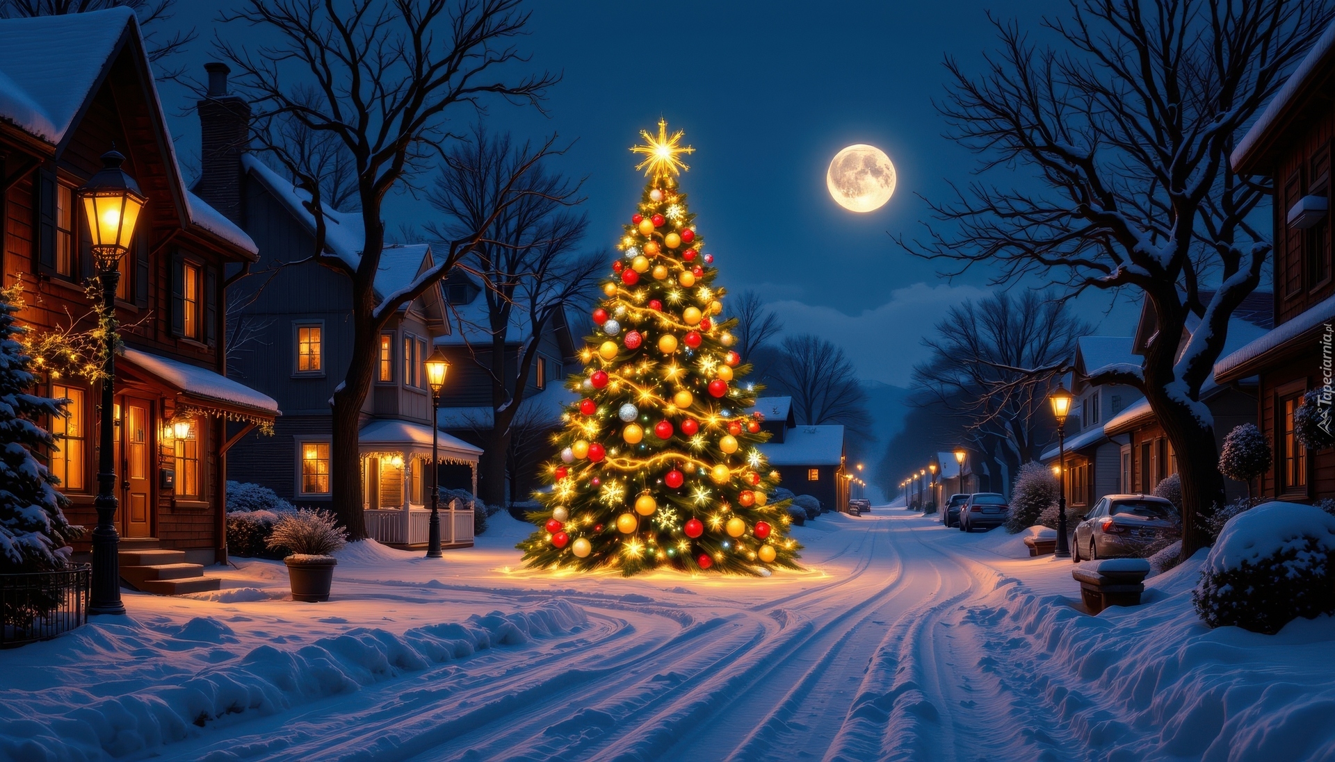 Zima, Droga, Domy, Choinka, Boże Narodzenie, Księżyc