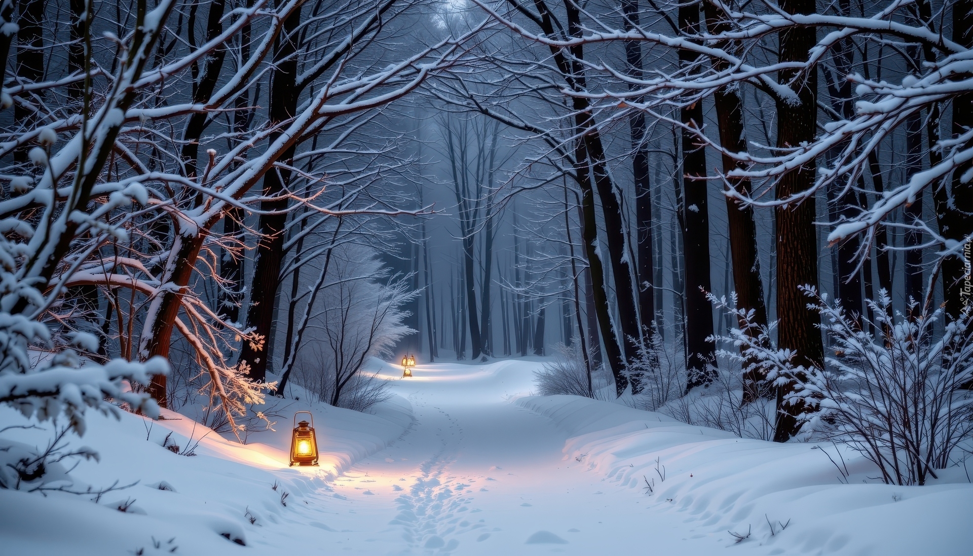 Zima, Las, Drzewa, Śnieg, Lampy