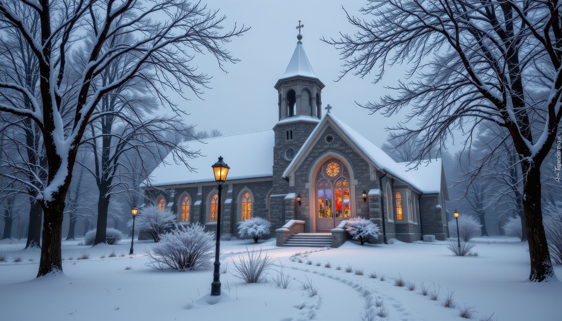 Zima, Kościół, Drzewa, Latarnie, Droga