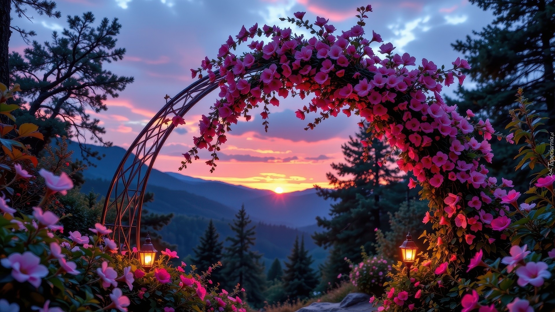 Łuk, Różowe, Kwiaty, Zachód słońca, Latarnie, Góry, Drzewa