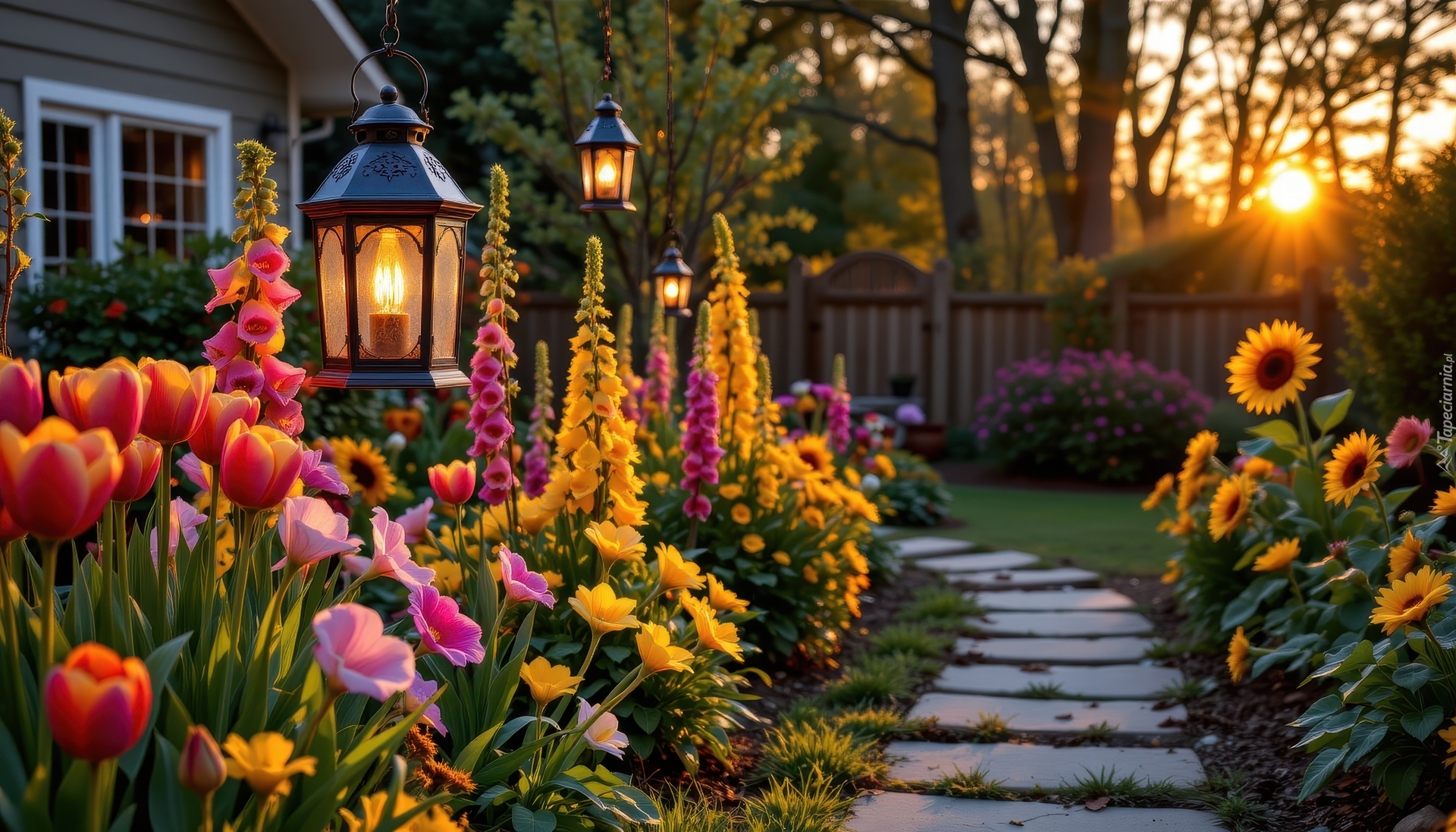 Kwiaty, Latarnie, Ścieżka, Ogród