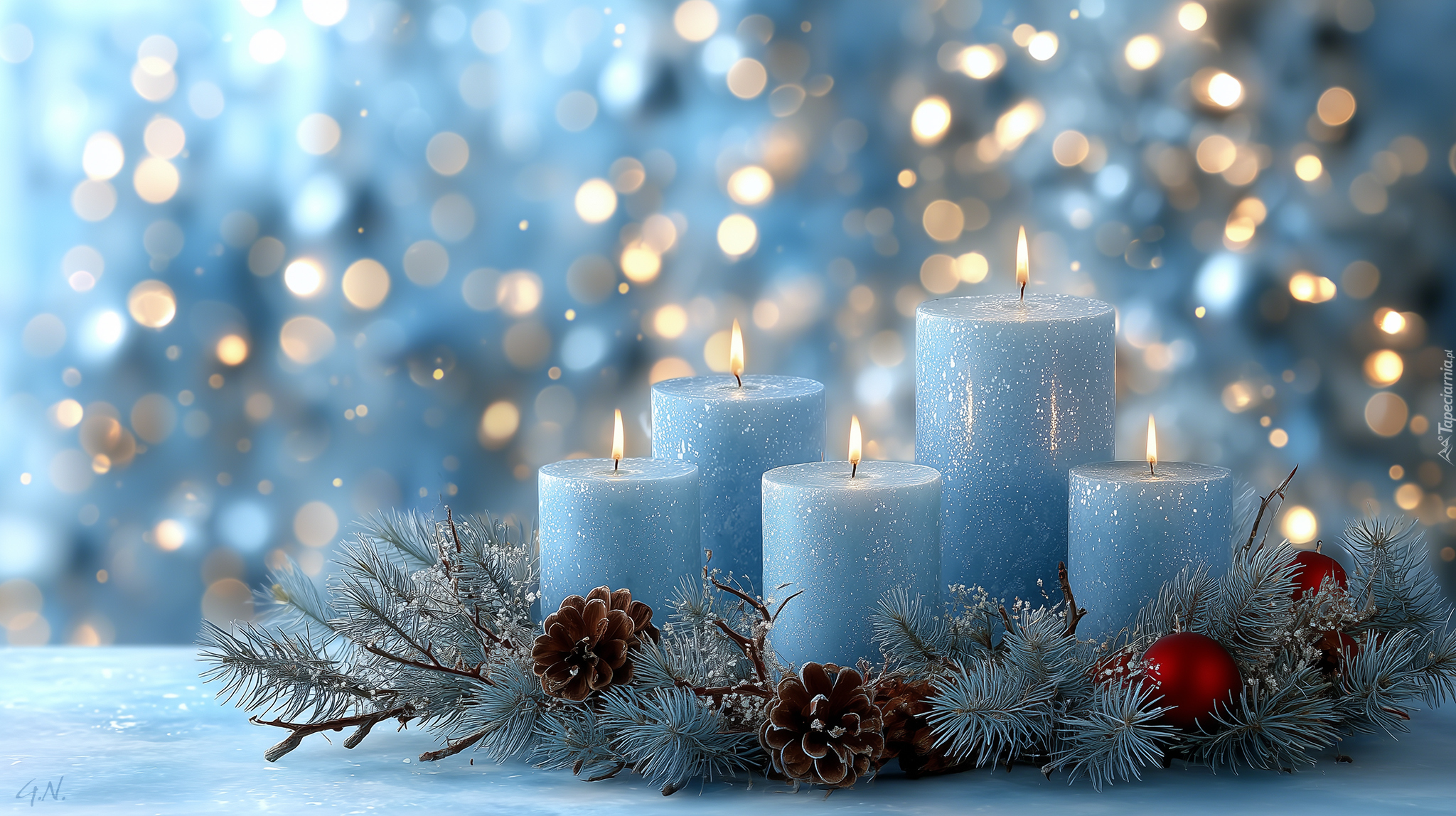 Niebieskie, Świece, Gałązki, Szyszki, Grafika AI, Świąteczne