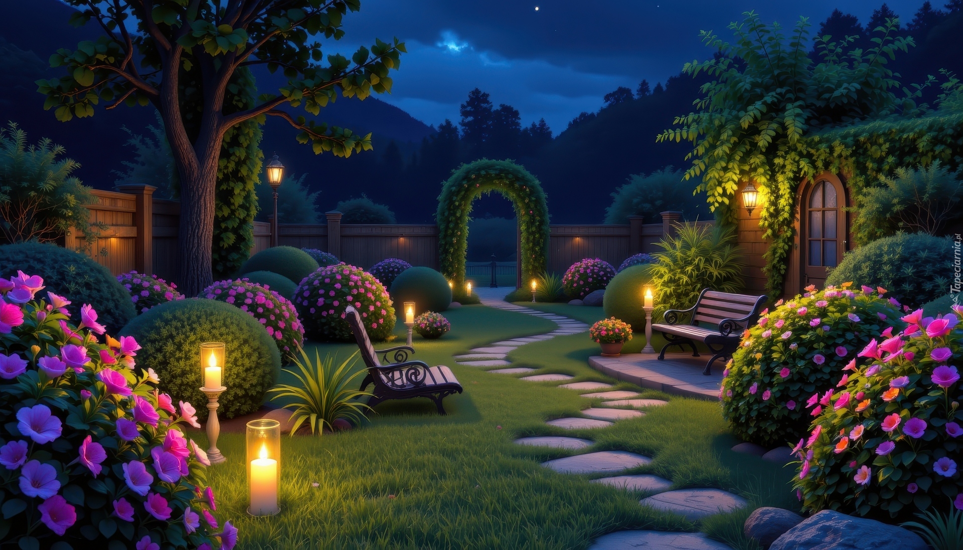 Ogród, Noc, Krzewy, Ławki, Świece, Ścieżka