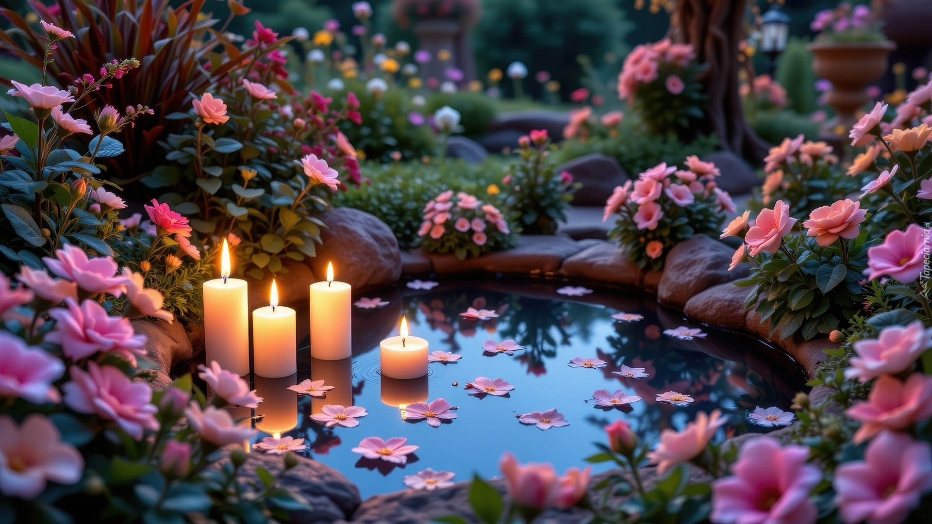 Ogród, Oczko wodne, Różowe, Kwiaty, Płonące, Świece