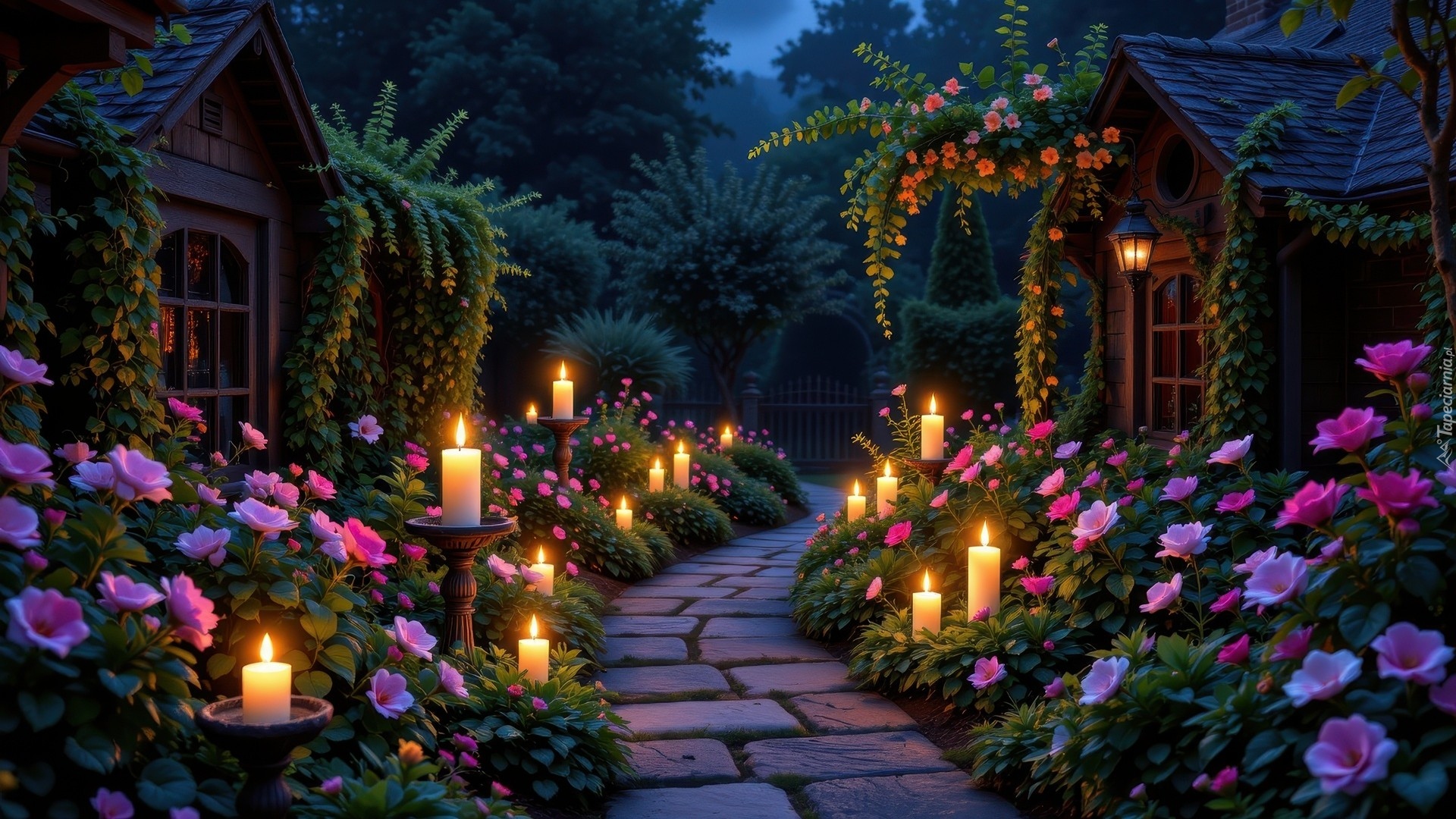 Ogród, Dwa, Domy, Różowe, Kwiaty, Świece, AI
