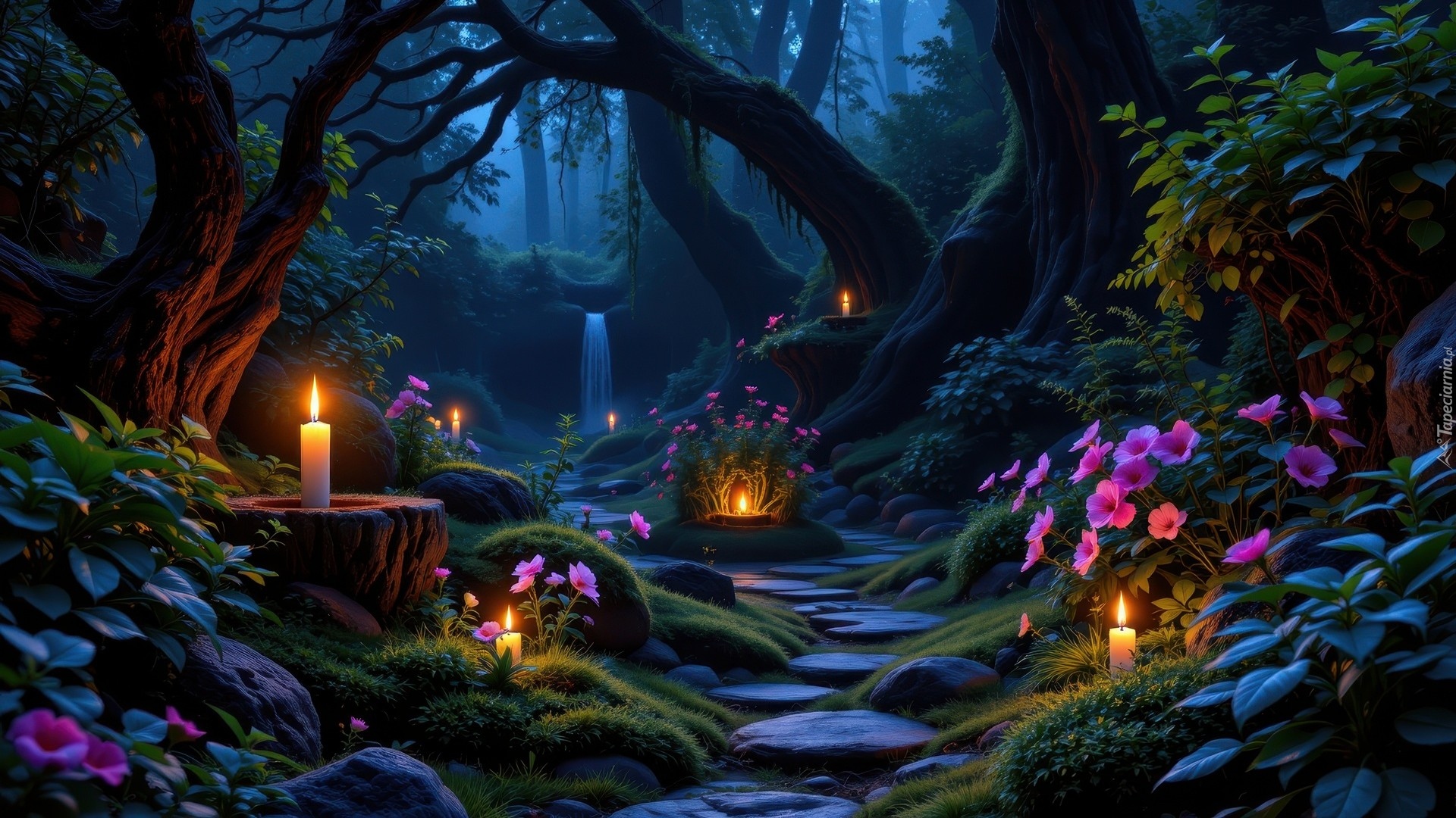 Las, Różowe, Kwiaty, Rośliny, Kamienie, Drzewa, Świece, Grafika, Al