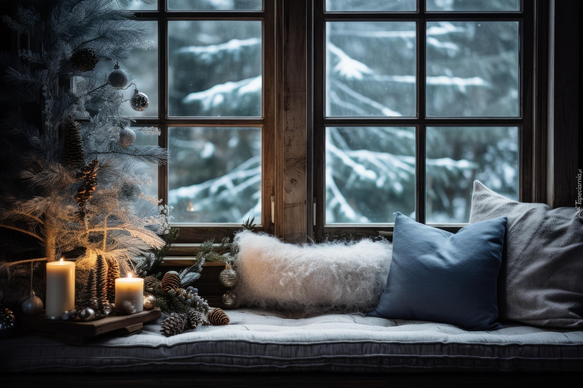 Boże Narodzenie, Okno, Drzewa, Śnieg, Poduszki, Świeczki, Szyszki, Bombki, Parapet