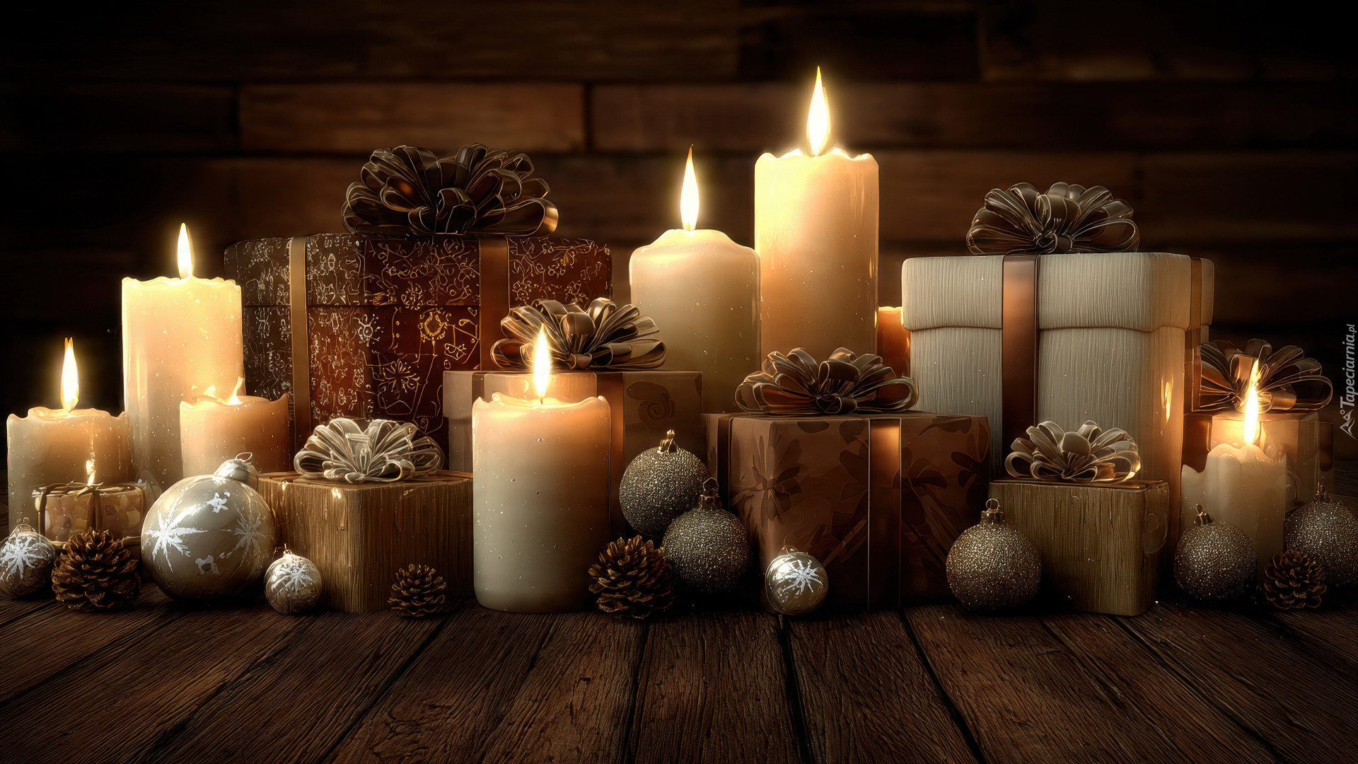 Boże Narodzenie, Świece, Prezenty, Szyszki, Bombki, Deski