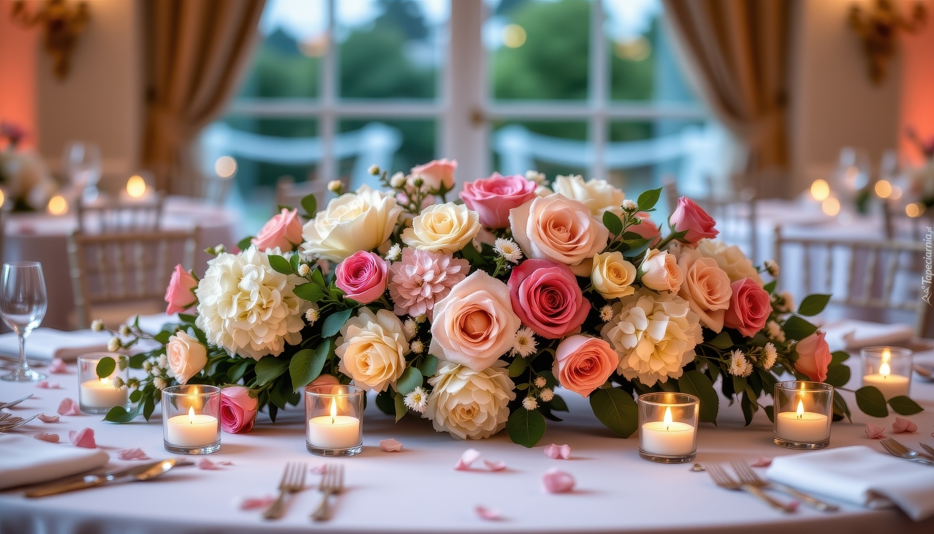 Kwiaty, Róże, Hortensje, Świece, Stół