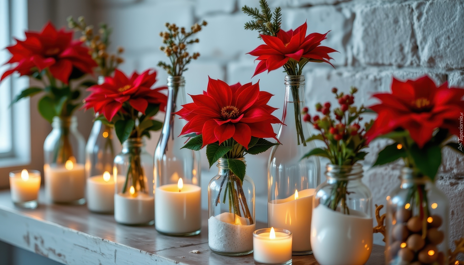 Kwiaty, Gwiazda betlejemska, Świece, Naczynia, Szklane, AI