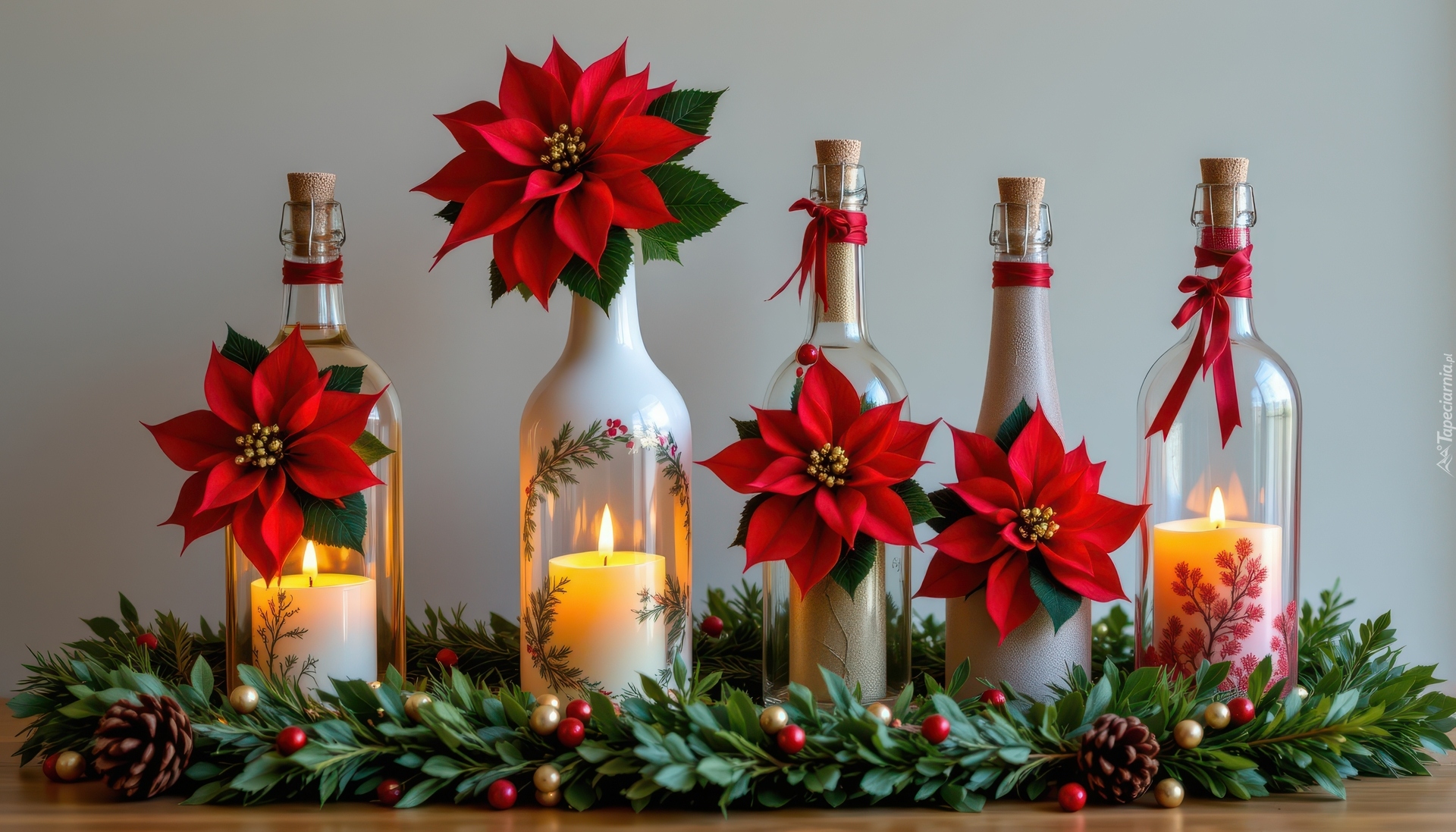 Butelki, Kwiaty, Gwiazda betlejemska, Świece, Świąteczne