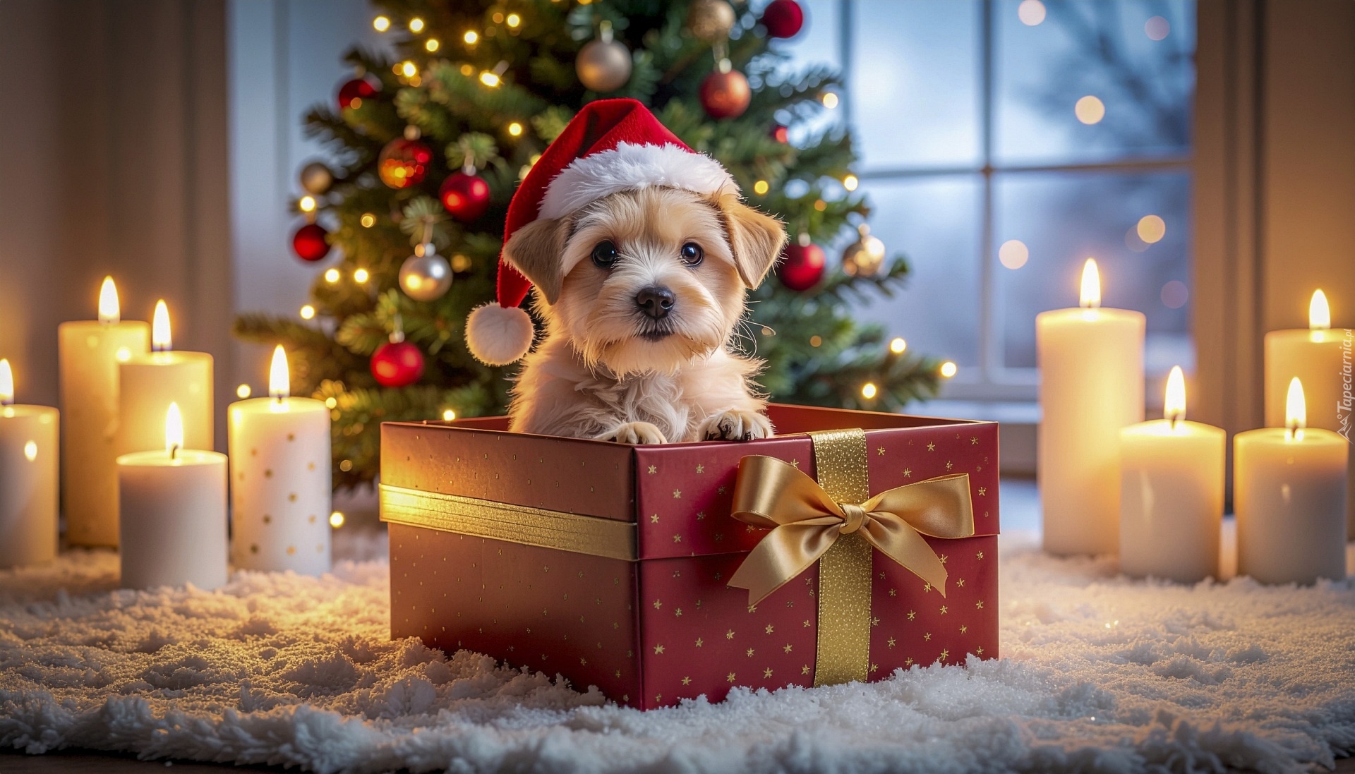 Pies, Szczeniak, Boże Narodzenie, Prezent, Świece, Choinka, Grafika AI