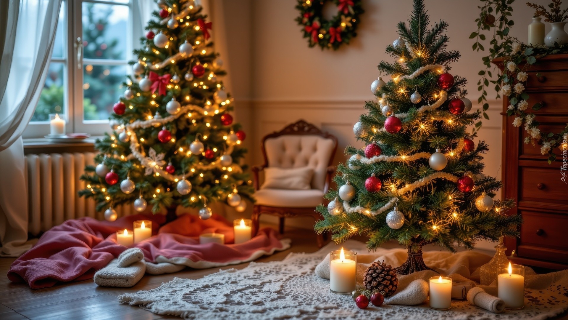Boże Narodzenie, Pokój, Dwie, Choinki, Fotel, Świece