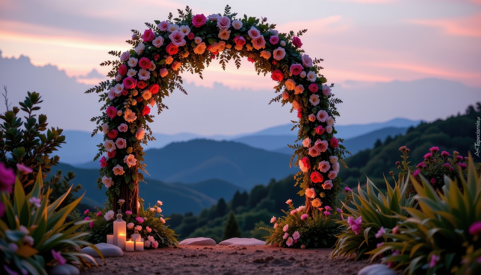 Łuk, Kwiaty, Róże, Świece, Zmierzch, Góry