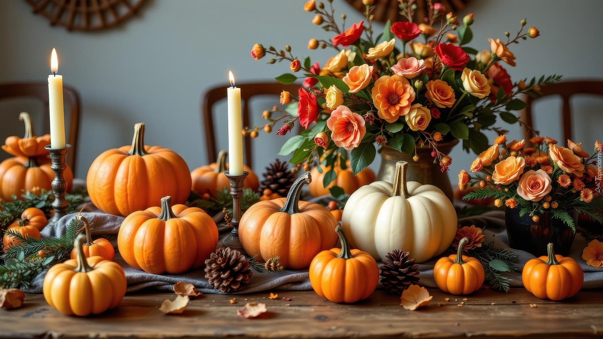 Żółte, Białe, Dynie, Bukiet, Kwiaty, Świece, Szyszki