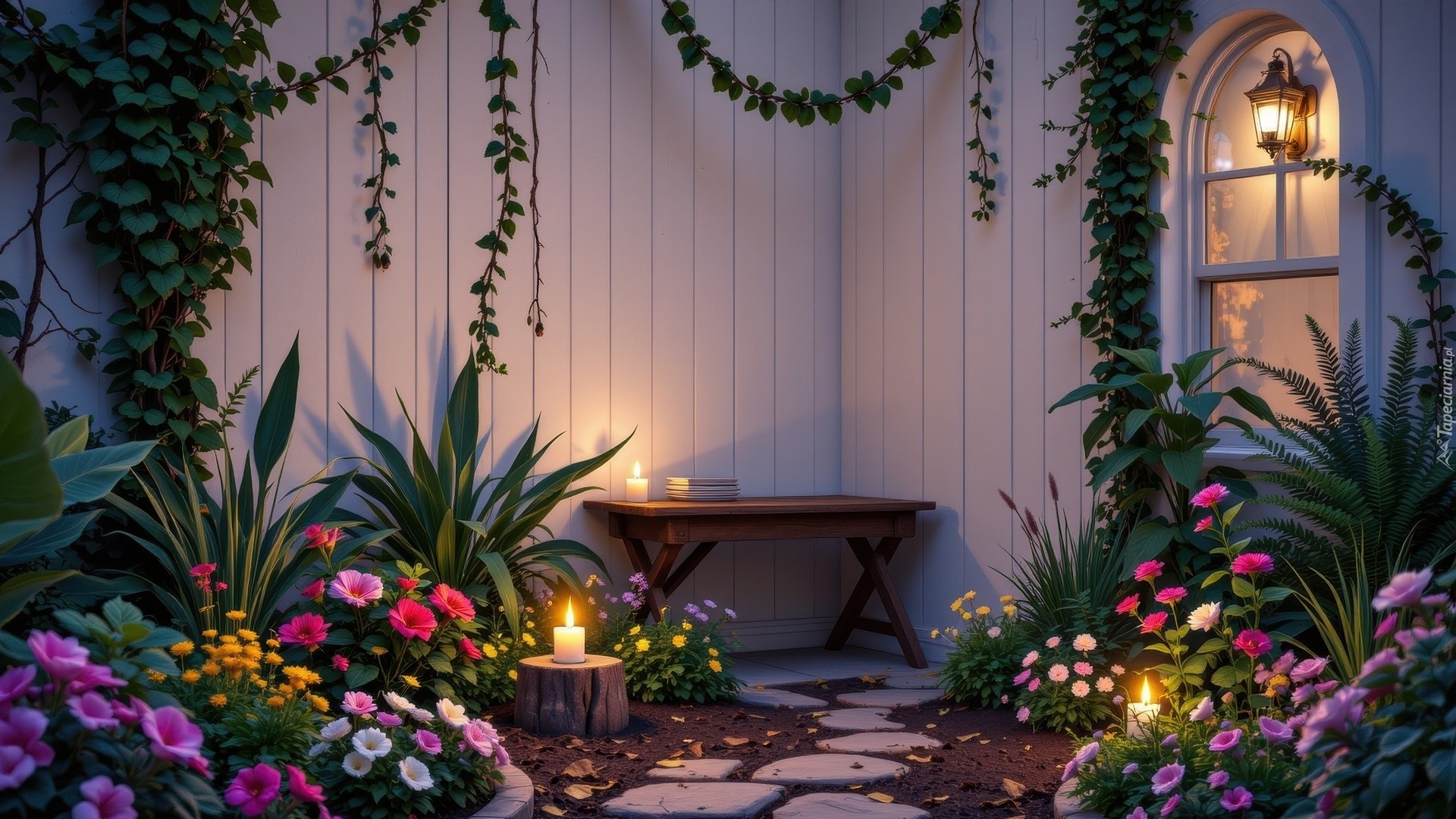 Kolorowe, Kwiaty, Lampion, Świece, Stół, Pnące, Rośliny, Ogródek