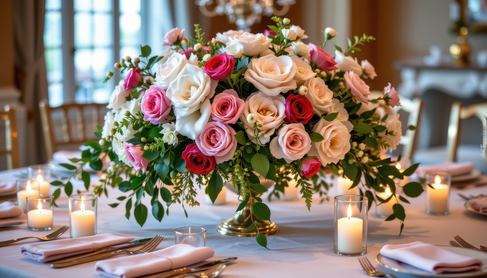 Róże, Bukiet, Kwiaty, Stół, Świece, Grafika AI
