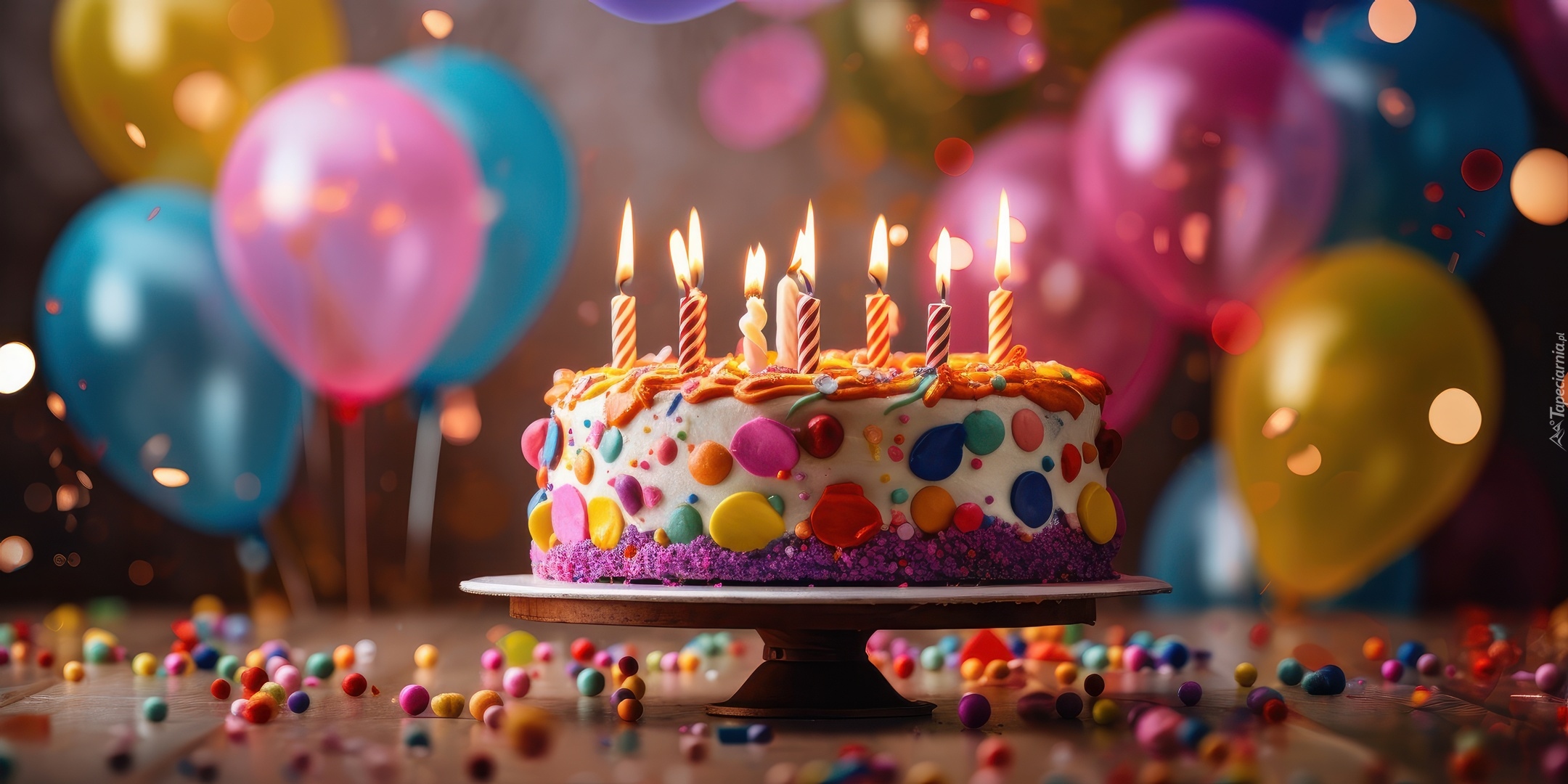 Tort, Świeczki, Balony, Urodziny, Grafika