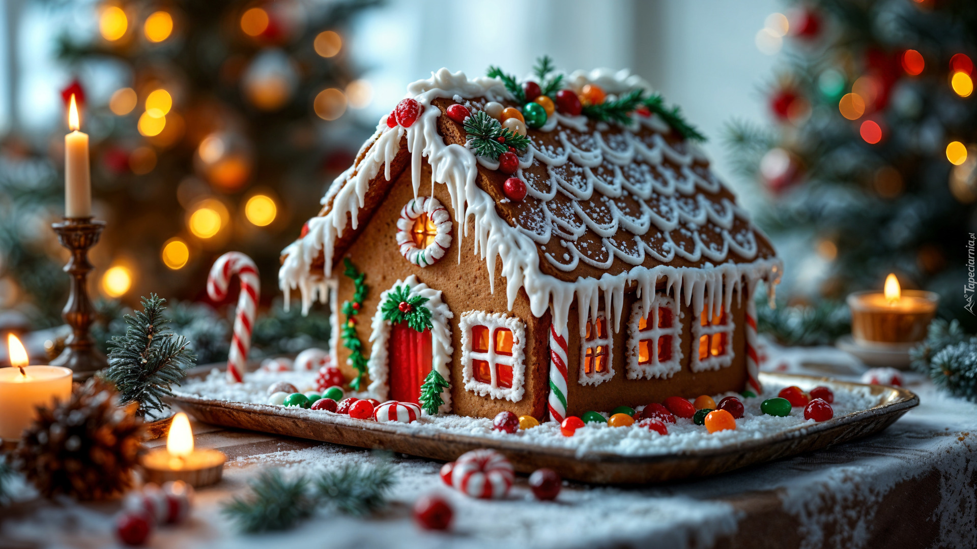 Boże Narodzenie, Domek, Piernik, Świece, Lukier, Gałązki