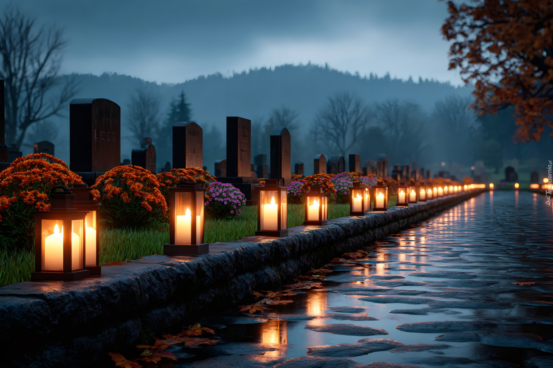 Cmentarz, Znicze, Kwiaty, Groby, Zaduszki, Grafika AI