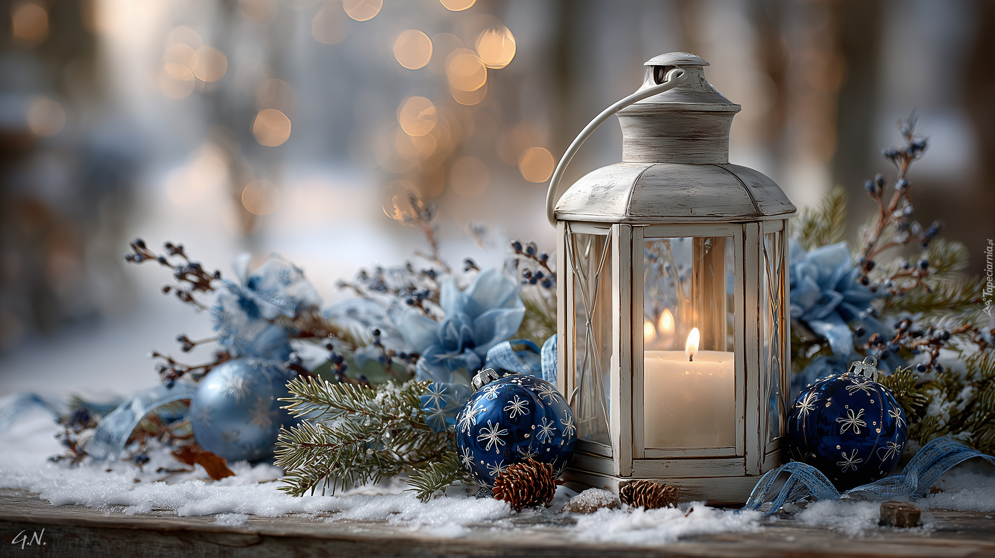 Boże Narodzenie, Lampion, Bombki, Śnieg, Grafika AI