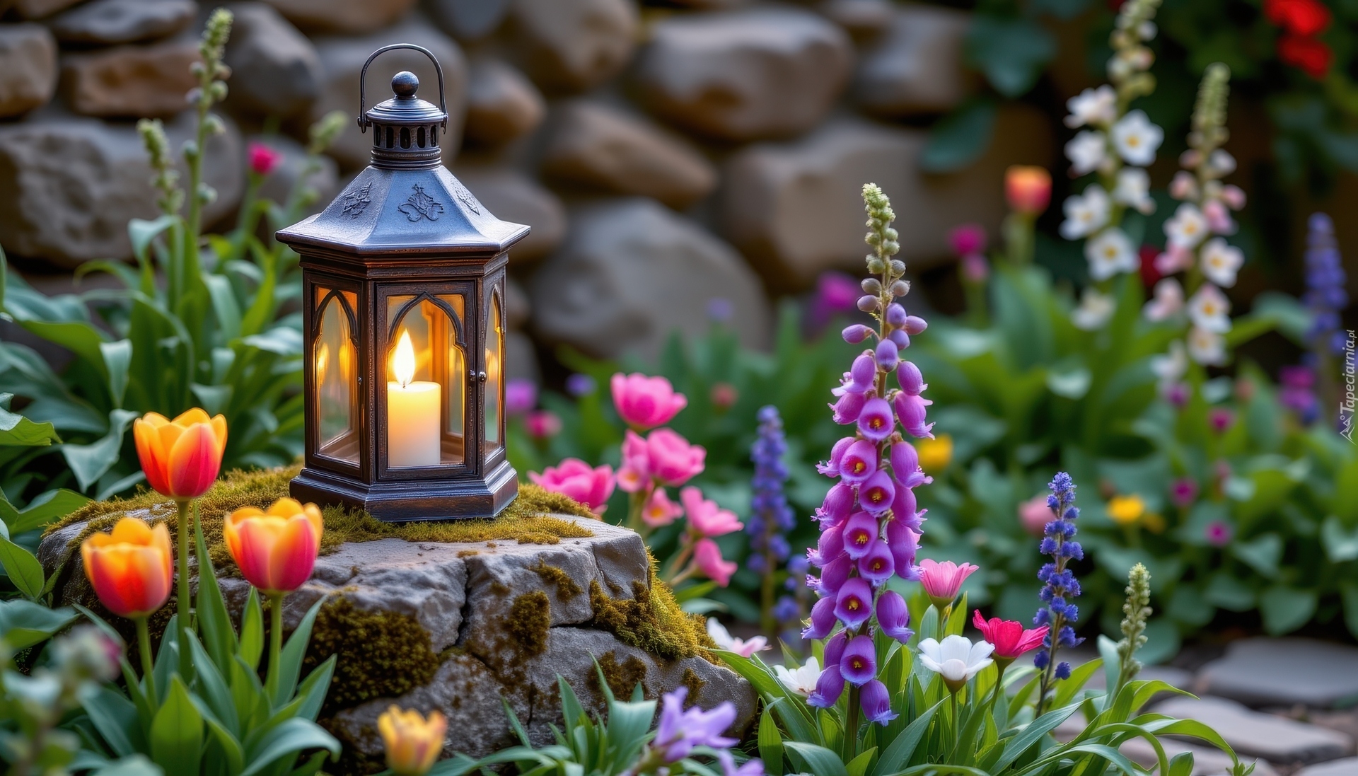 Ogród, Kwiaty, Tulipany, Lampion, Świeca, Kamienie
