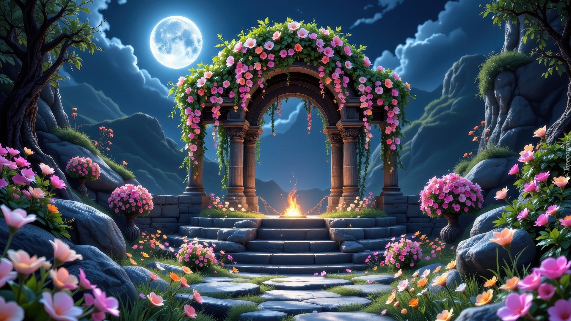 Budowla, Łuk, Noc, Księżyc, Schody, Różowe, Kwiaty, Kamienista, Droga, Grafika