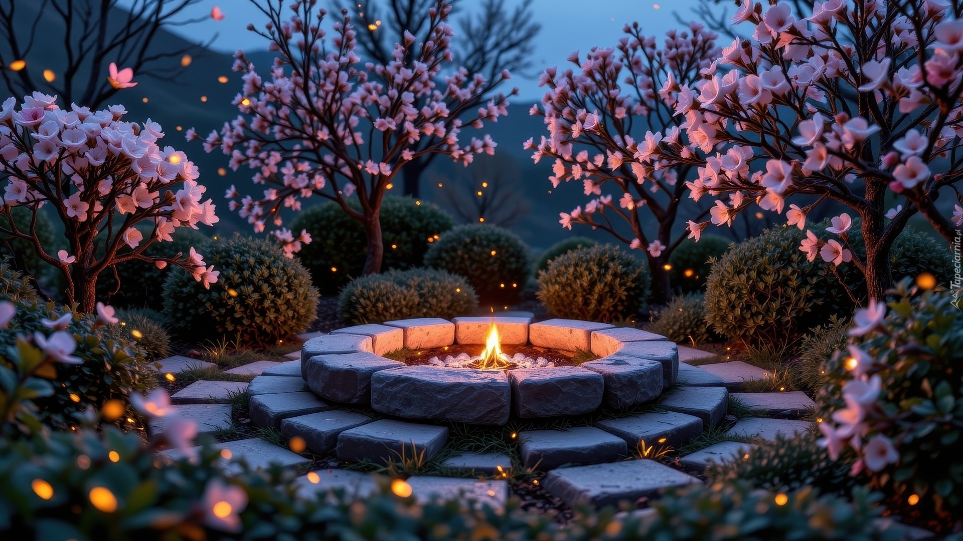 Park, Drzewa, Różowe, Kwiaty, Betonowy, Krąg, Ogień, Grafika, AI