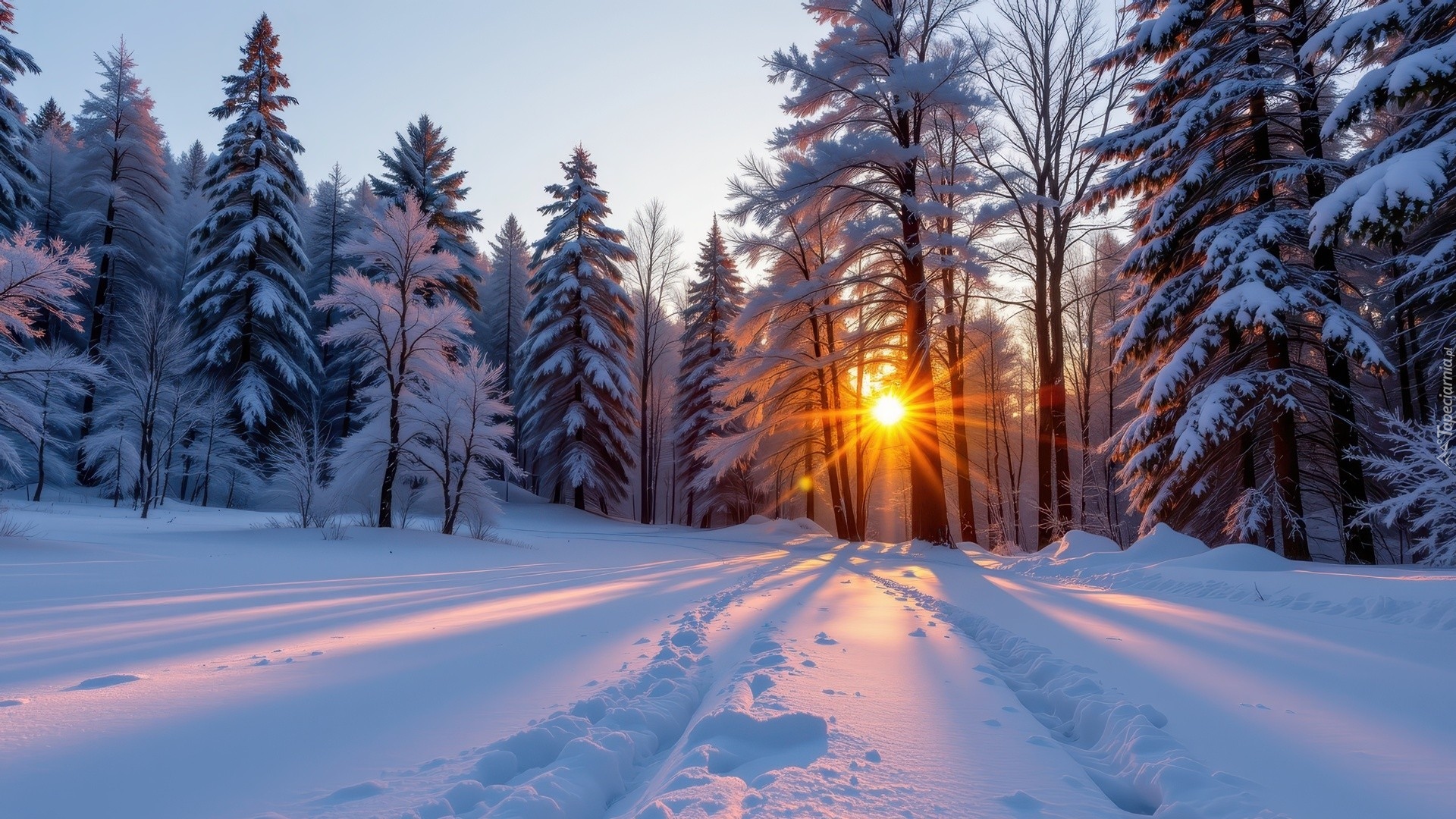 Zima, Las, Promienie słońca, Ośnieżone, Drzewa, Zaśnieżona, Droga