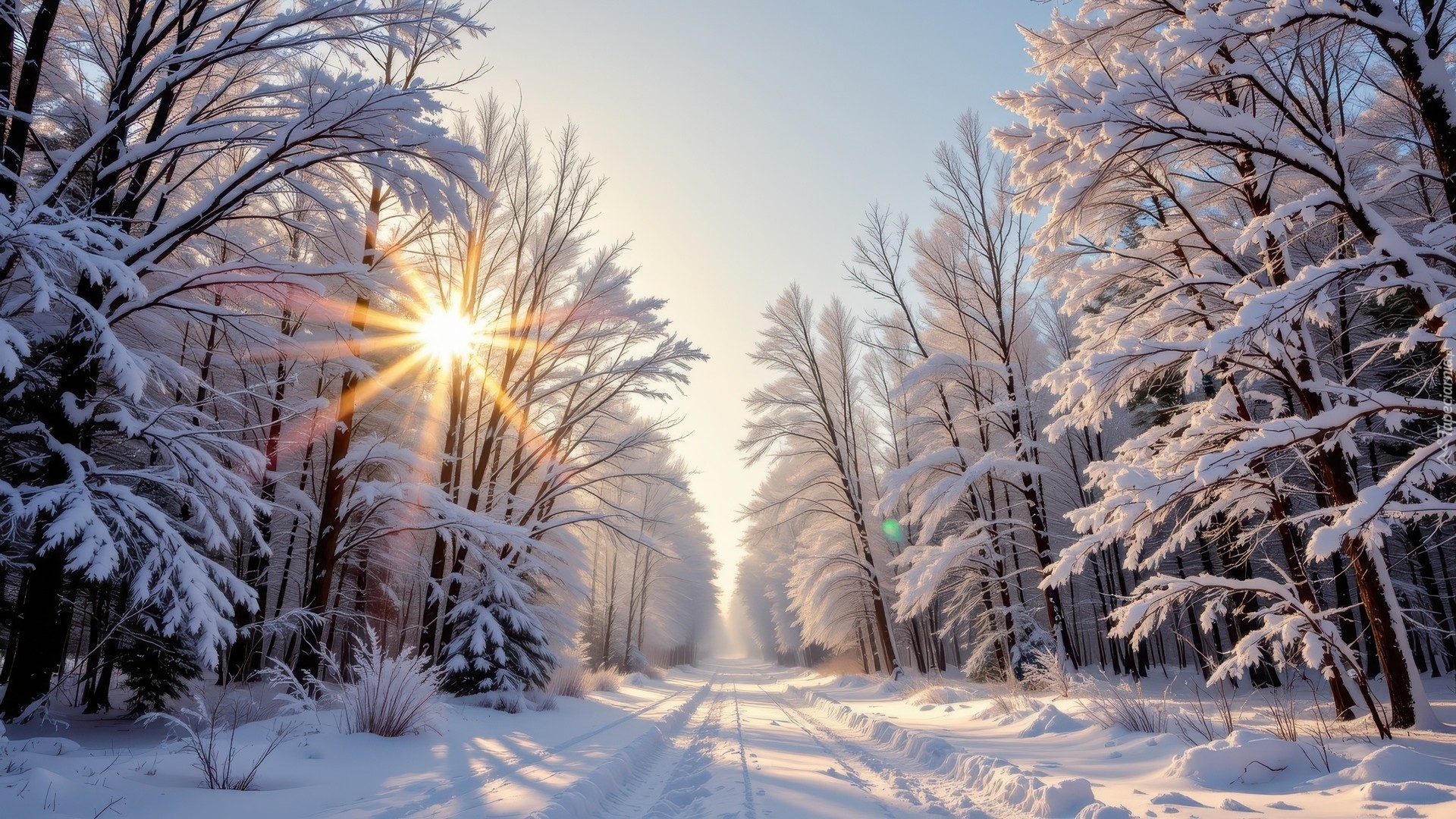 Zima, Promienie słońca, Las, Ośnieżone, Drzewa, Śnieg, Droga