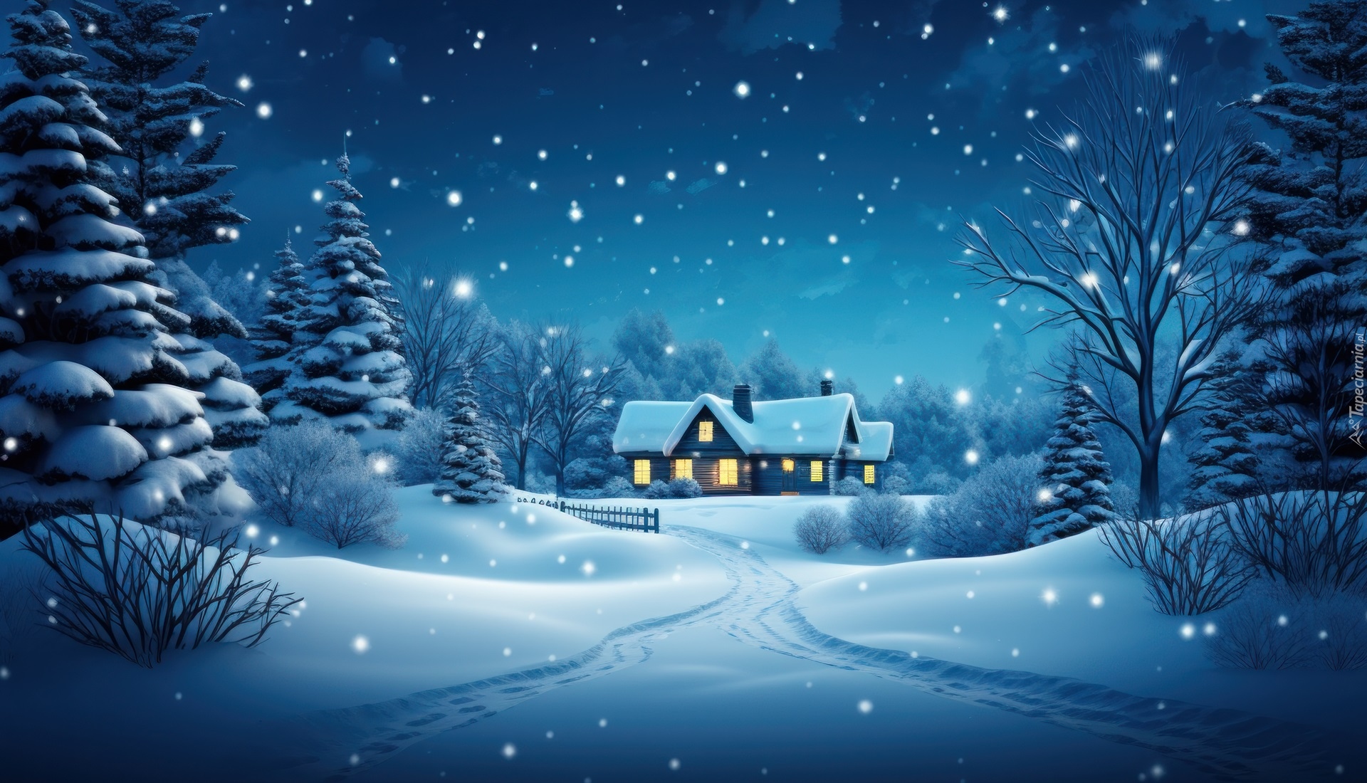 Zima, Ośnieżone, Drzewa, Dom, Światła, Śnieg, Grafika