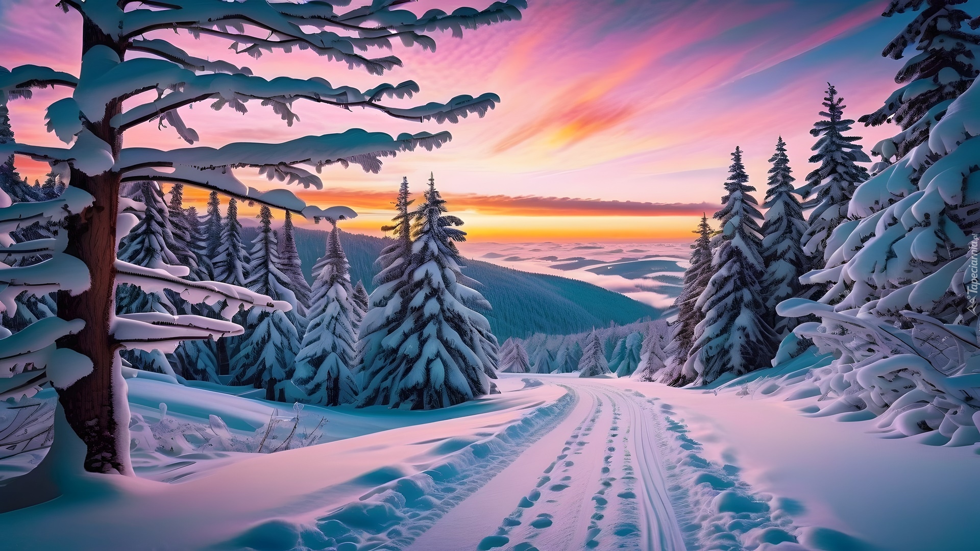 Zima, Droga, Las, Drzewa, Zachód słońca, Grafika