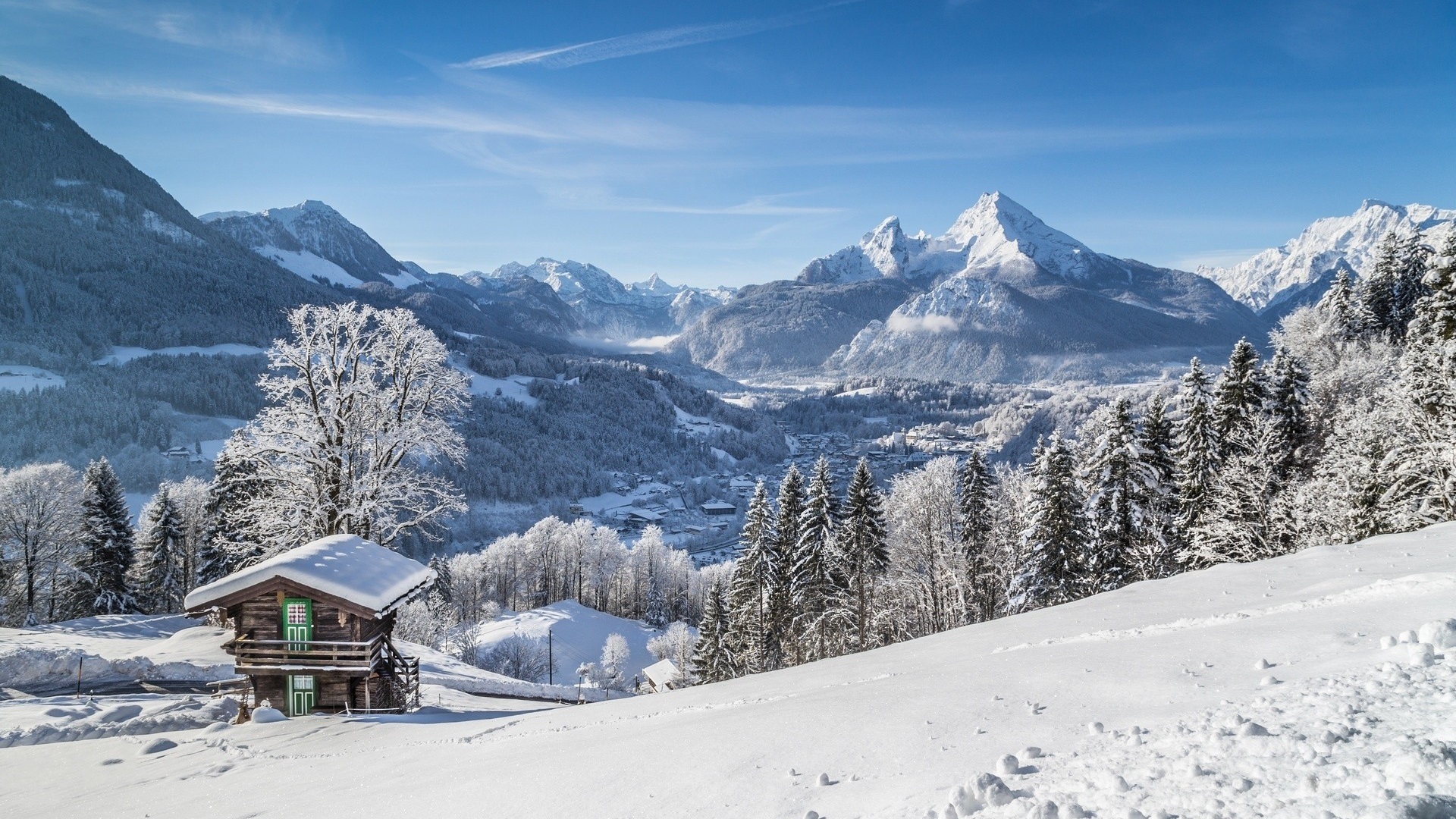 Niemcy, Berchtesgaden, Zima, Góry, Drzewa, Dom, Śnieg