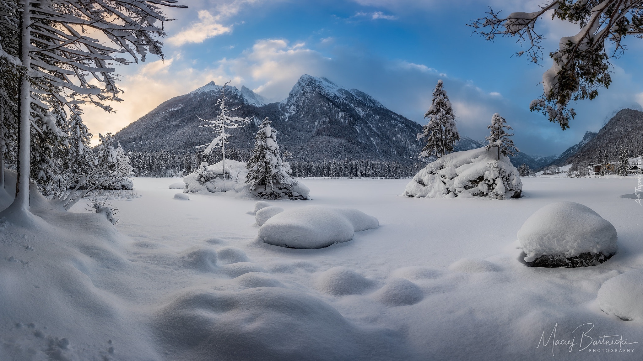 Zima, Góry, Alpy, Drzewa, Zaśnieżone, Jezioro Hintersee, Gmina Berchtesgaden, Bawaria, Niemcy