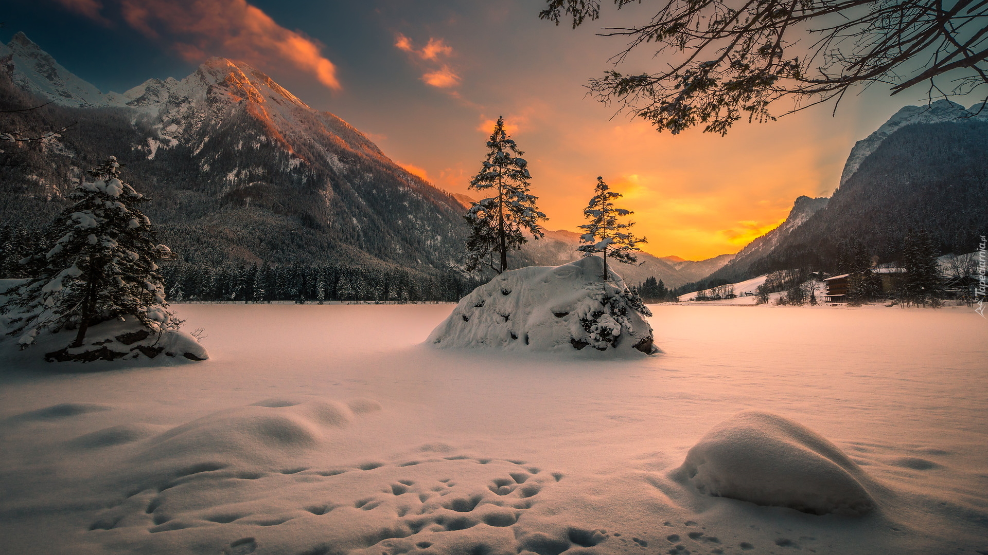 Jezioro Hintersee, Góry, Alpy, Zima, Drzewa, Skały, Gmina Berchtesgadener, Bawaria, Niemcy