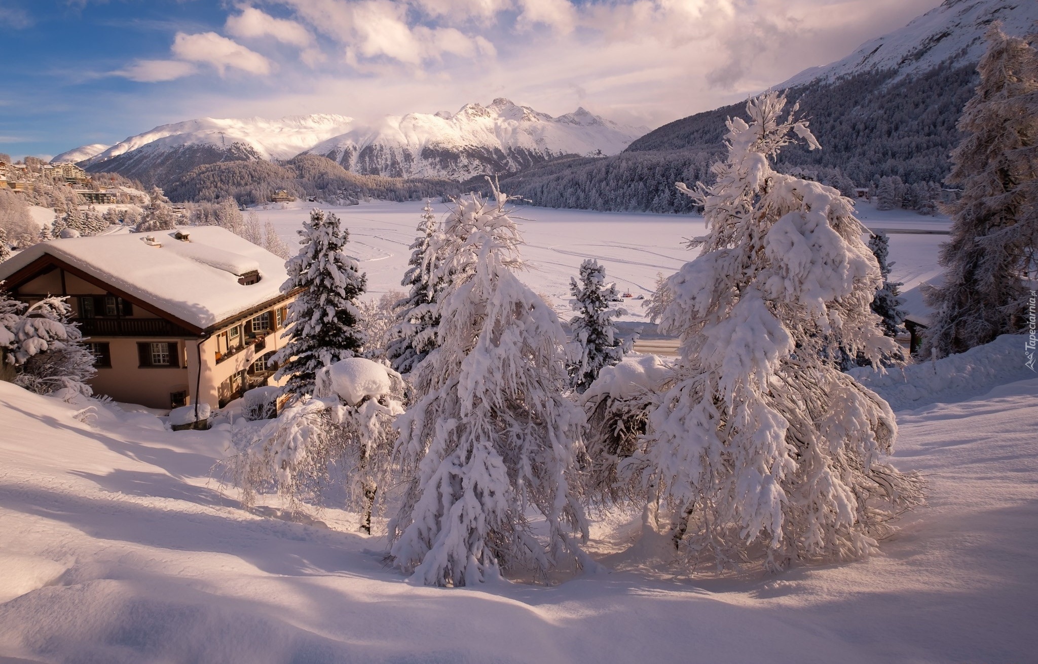 Zima, Ośnieżone, Góry, Świerki, Dom, Zaśnieżone, Jezioro Sankt Moritz, Sankt Moritz, Dolina Engadyna, Szwajcaria