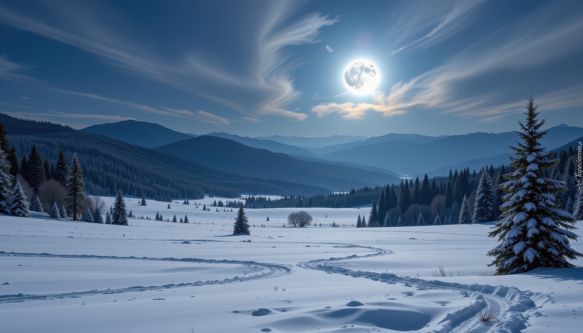 Zima, Pole, Drzewa, Lasy, Góry, Księżyc, Grafika AI