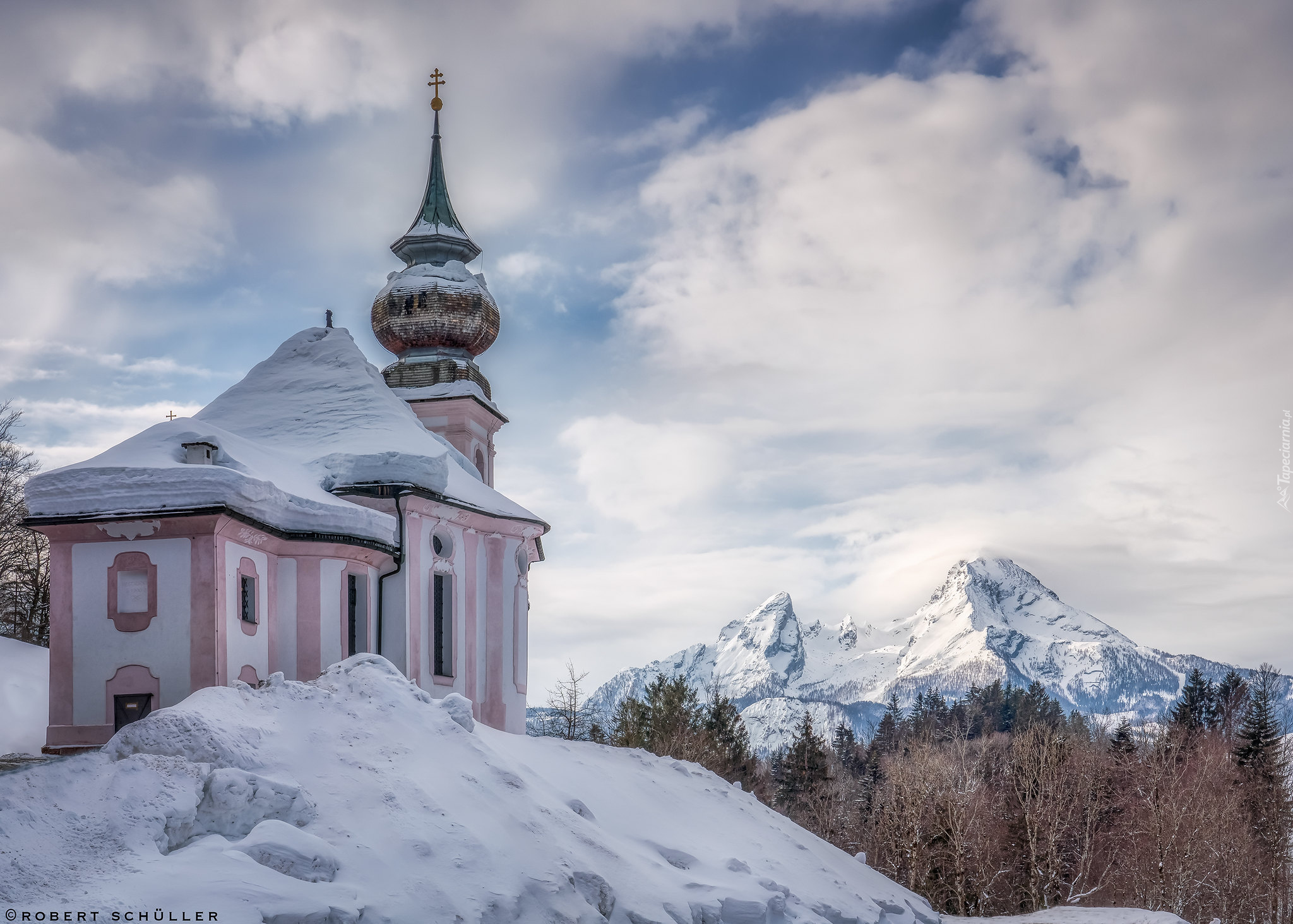 Góry, Alpy Salzburskie, Kościół, Drzewa, Zima, Śnieg, Sanktuarium Maria Gern, Berchtesgaden, Bawaria, Niemcy