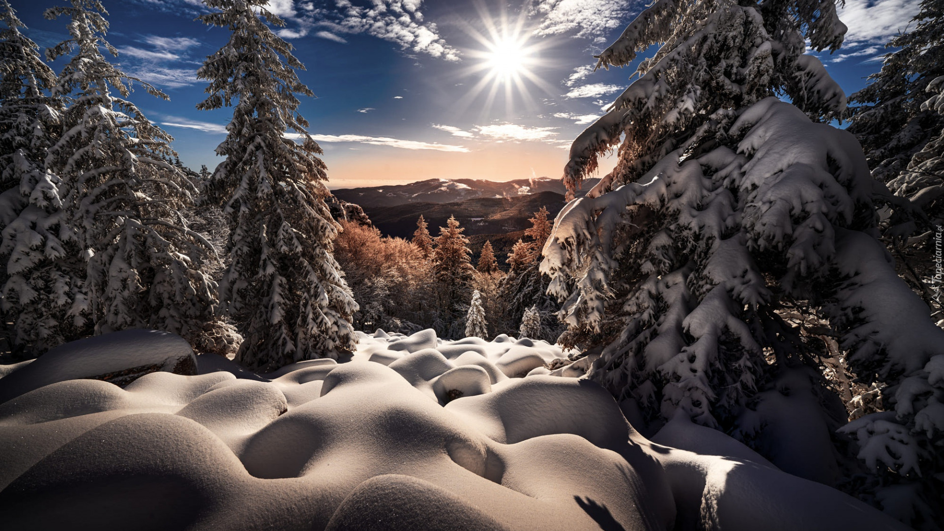 Zima, Słońce, Śnieg, Drzewa, Góry, Poranek, Promienie słońca